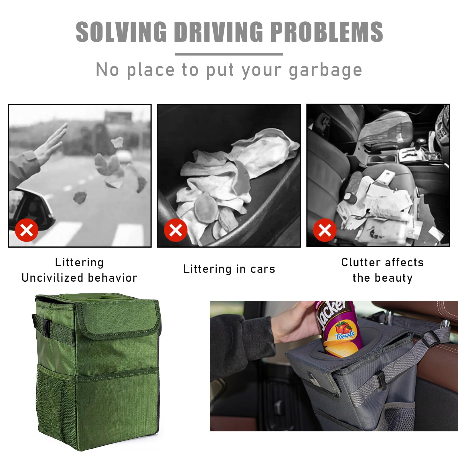 Kewucn Car Trash Can with Lid - Leak-Proof Oxford Fabric Auto Garbage Bin with Storage Pockets | Hanging Collapsible Vehicle Organizer | Universal Fit for Most Cars (Army Green) | Perfect for Road Trips, Commuting & Keeping Your Car Clean