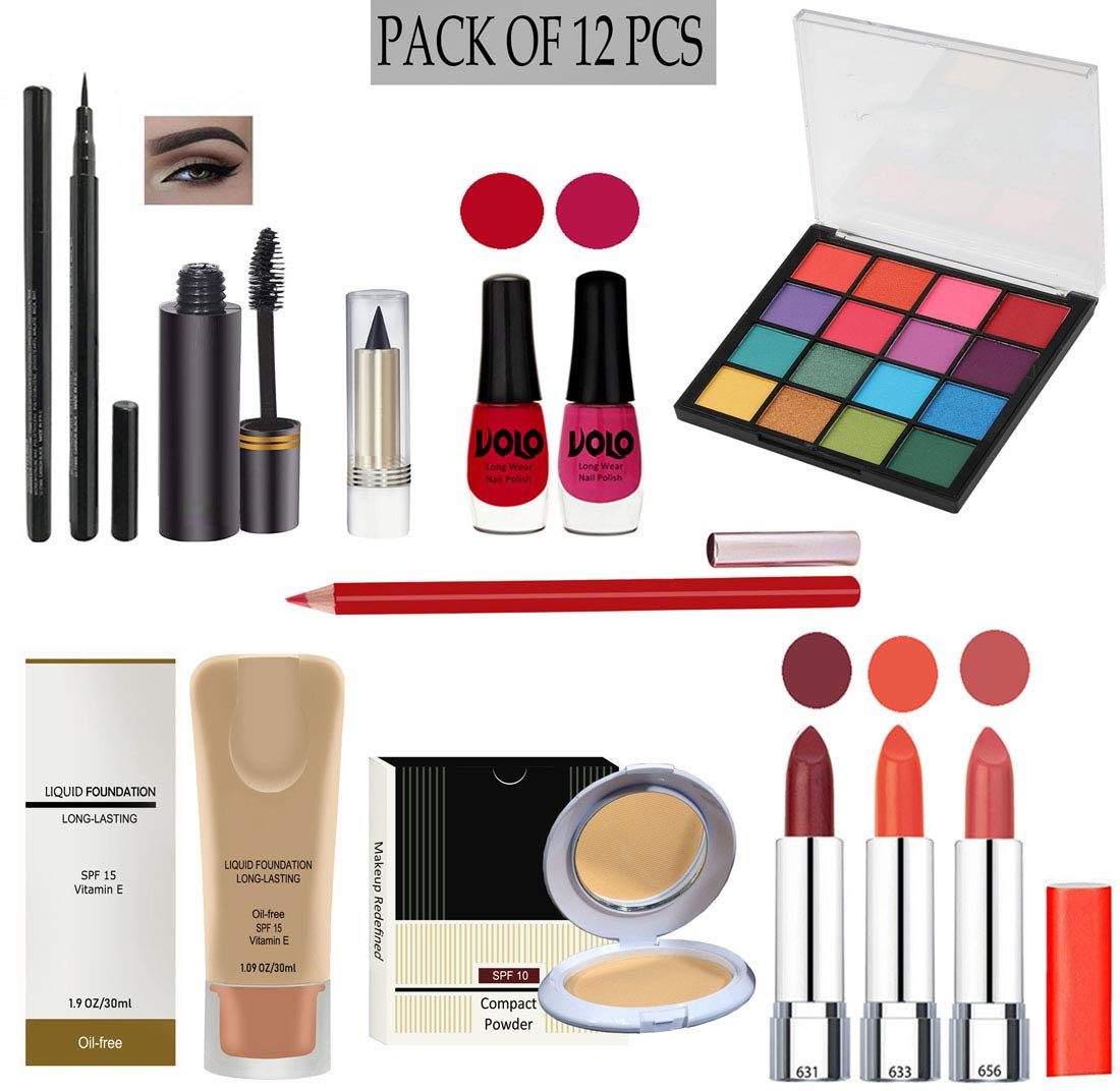 G4U Complete Makeup Kit for Women - 12 Piece Set with 3 Lipsticks, Eyeliner, Mascara, Kajal, 2 Nail Polishes, 16-Color Eyeshadow Palette, Foundation, Compact & Lipliner | Perfect for Everyday Makeup, Parties & Professional Use