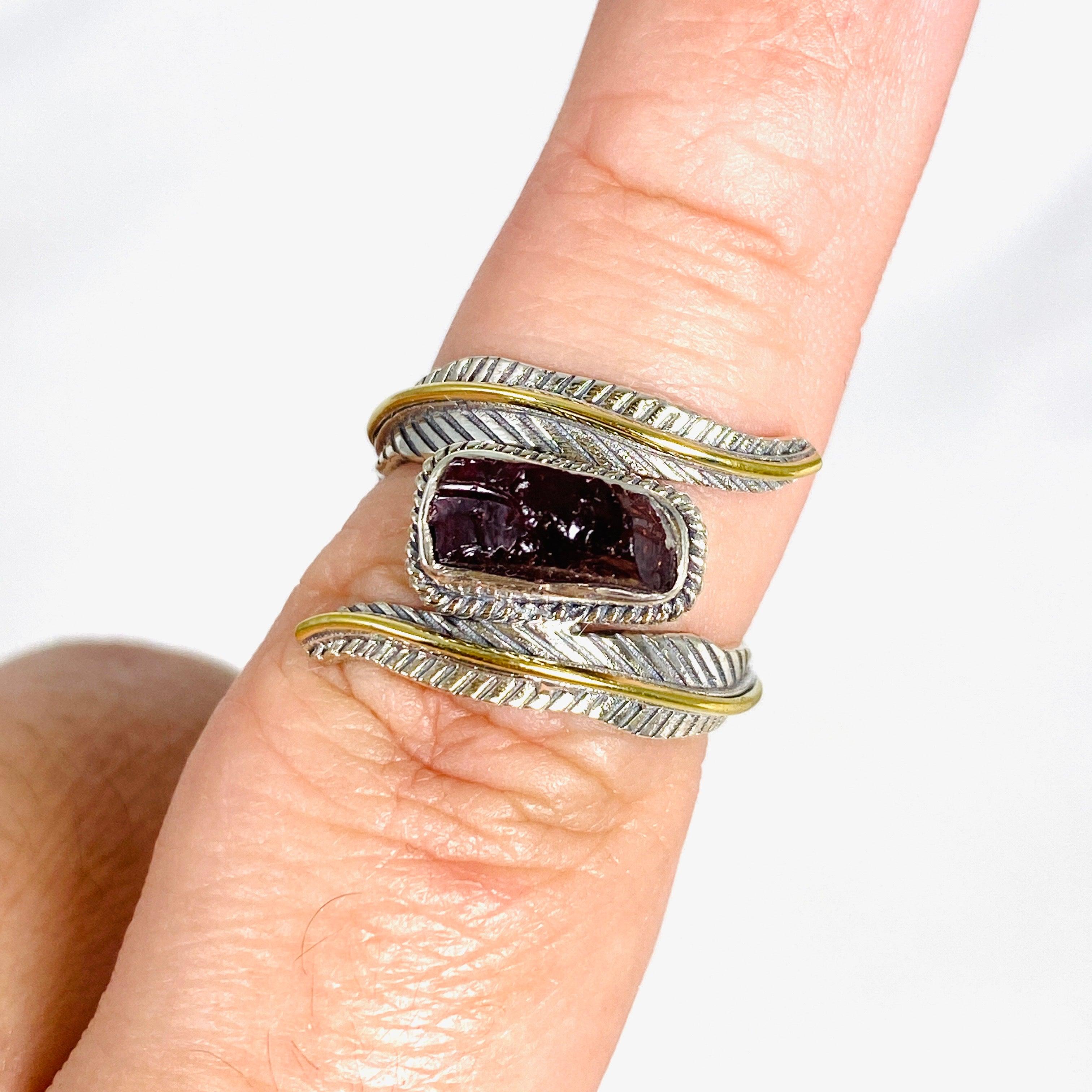 Garnet Leaf Setting Raw Sterling Silver Ring R4224 for Women - Elegant Bohemian Jewelry for Everyday Wear & Special Occasions