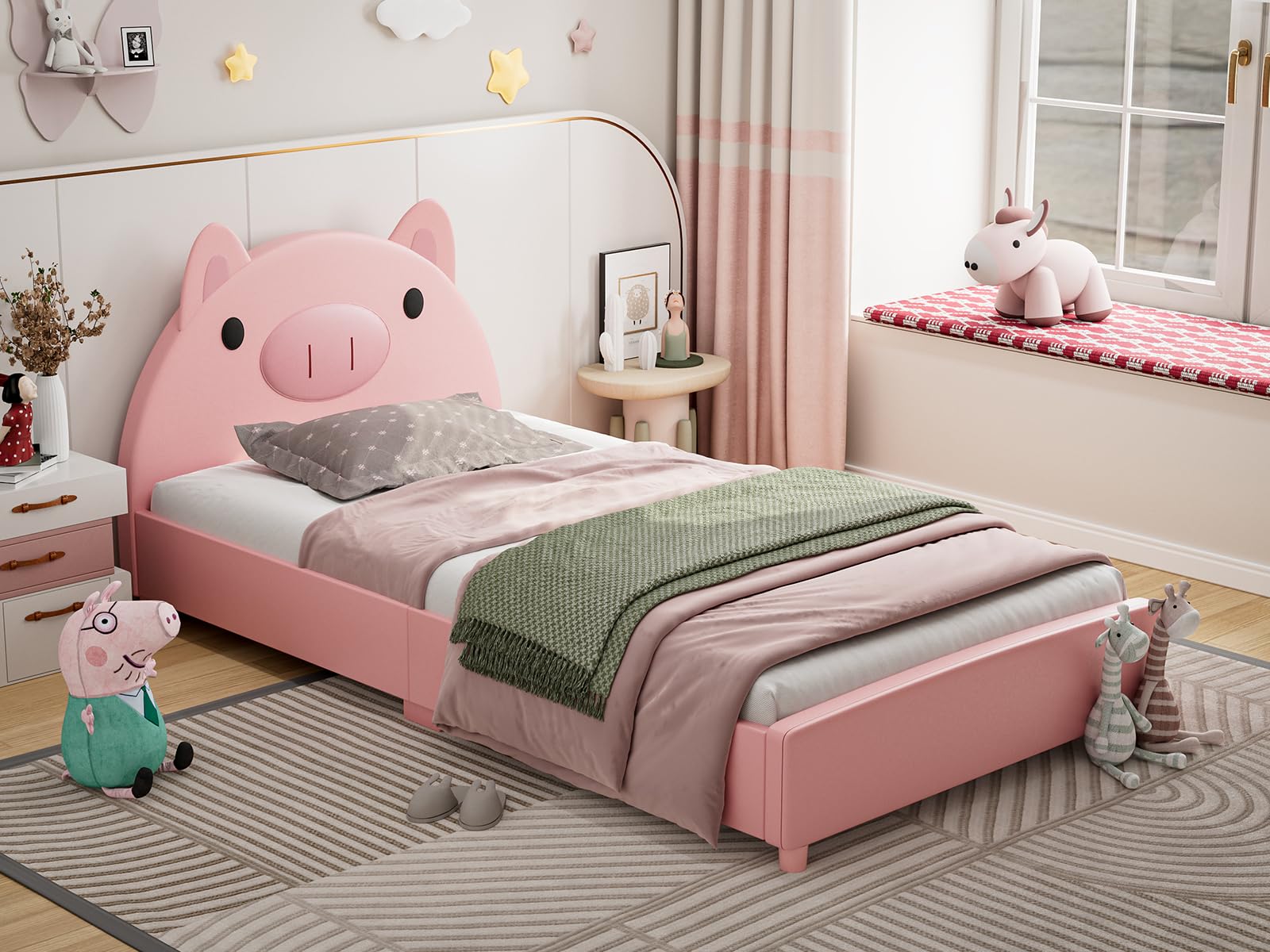 IKIFLY Twin Bed Frame for Kids & Teens - Sturdy Solid Wood Platform Bed with Headboard, No Box Spring Needed, Pig Design - Perfect for Boys, Girls, and Toddlers' Bedrooms, Dorm Rooms, and Guest Rooms