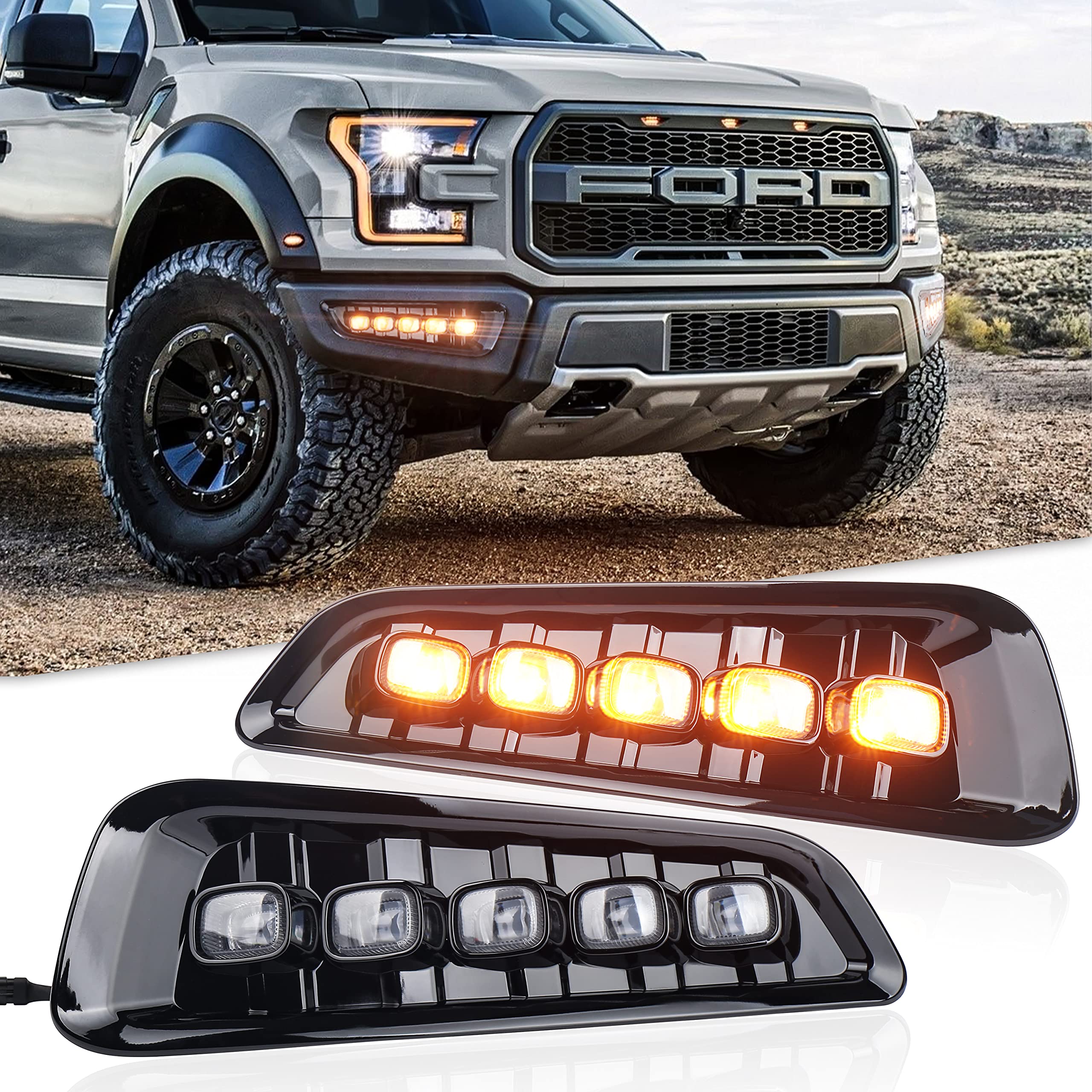 High-Performance LED Fog Lights with Amber Turn Signals & White DRL - Compatible with Ford F150 Raptor (2017-2020 Gen 2) | Durable Fog Light Assembly Kit for Off-Road, Night Driving & Extreme Weather Conditions