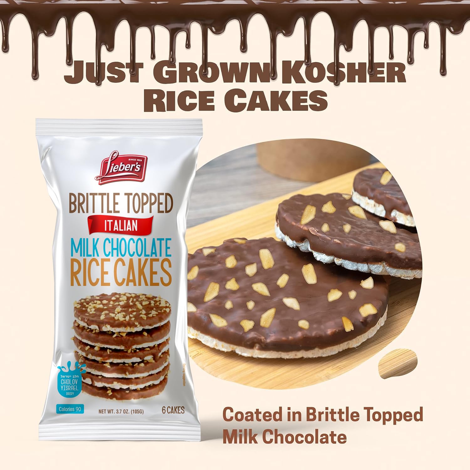 LIEBERS Thin Chocolate Rice Cakes - Kosher Certified, Dairy & Dairy-Free Options, Gluten-Free Snack (6-Pack, Brittle Topped Milk Chocolate) - Perfect for Healthy Snacking, Lunch Boxes & On-the-Go Treats