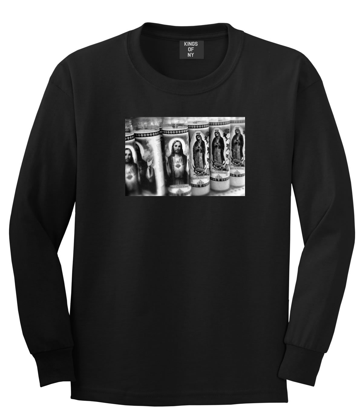 Religious God Jesus Mary Fire NYC Long Sleeve T-Shirt - Kings Of NY Candles Inspired Apparel for Church, Worship & Streetwear Fashion