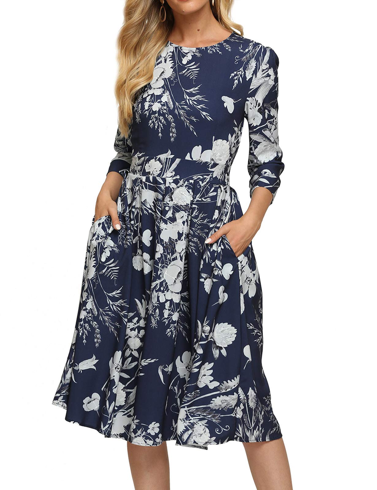 Vintage Floral Midi Dress for Women - Elegant 3/4 Sleeve Evening Gown | Perfect for Cocktail Parties, Weddings & Formal Occasions