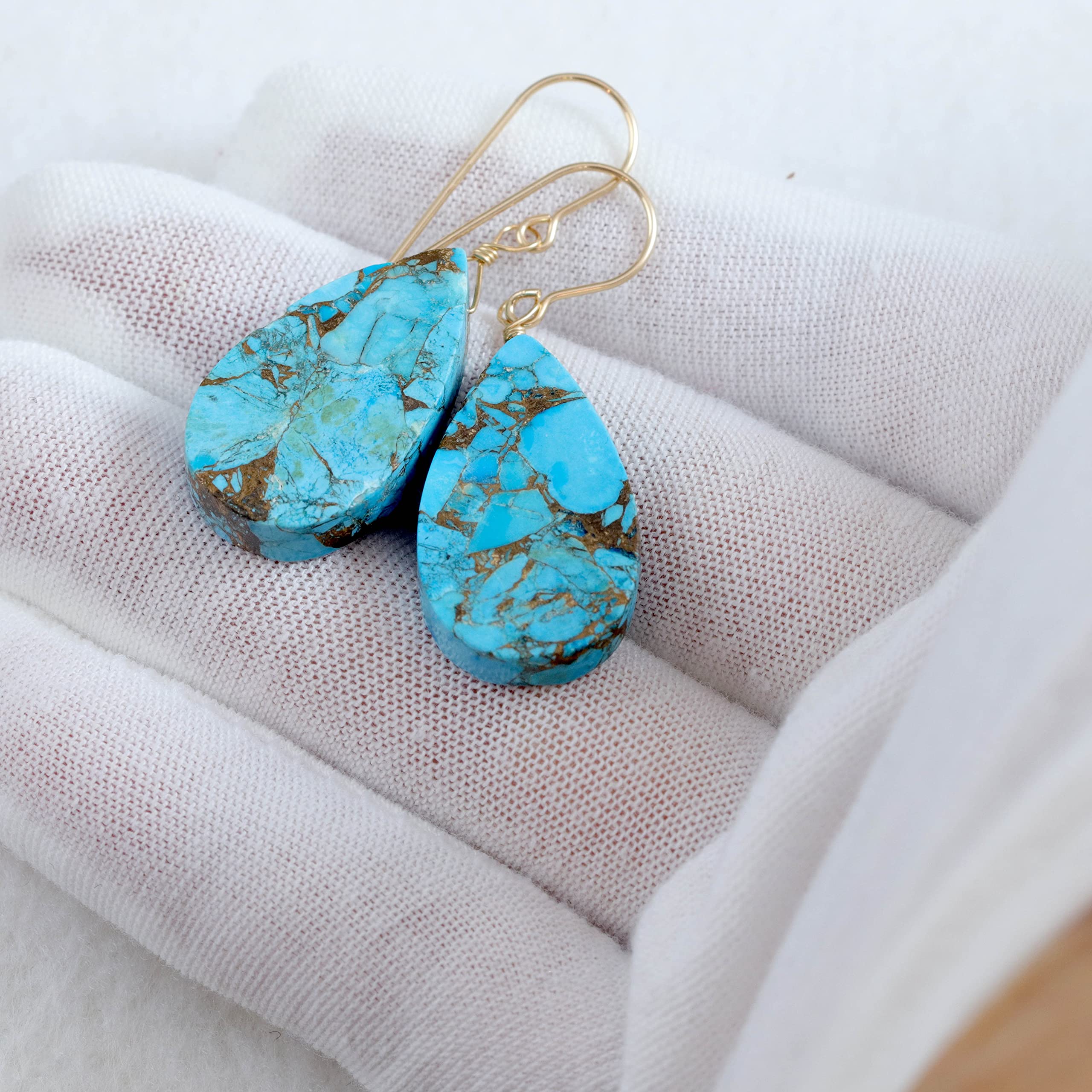 Blue Turquoise Earrings with Coppery Mosaic Veining - Large Smooth Teardrop Dangle Earrings for Women | Perfect for Boho, Casual & Evening Wear