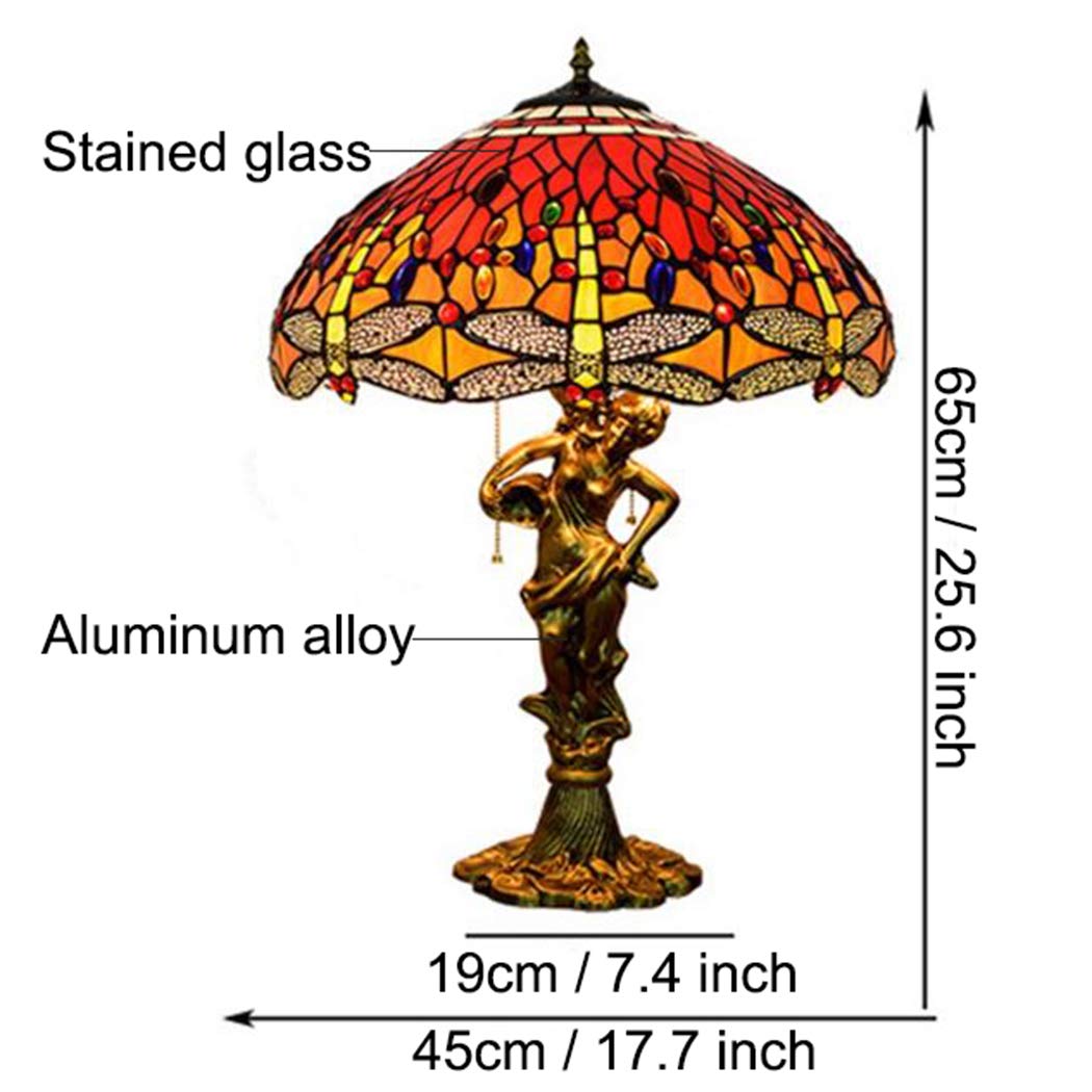 European Retro Pastoral Dragonfly Tiffany Style Table Lamp - 17.7 Inch Handmade Stained Glass Desk Light for Reading, Living Room, Bedroom & Bedside - Warm Red Ambient Lighting (Perfect for Cozy Evenings & Home Office Decor)