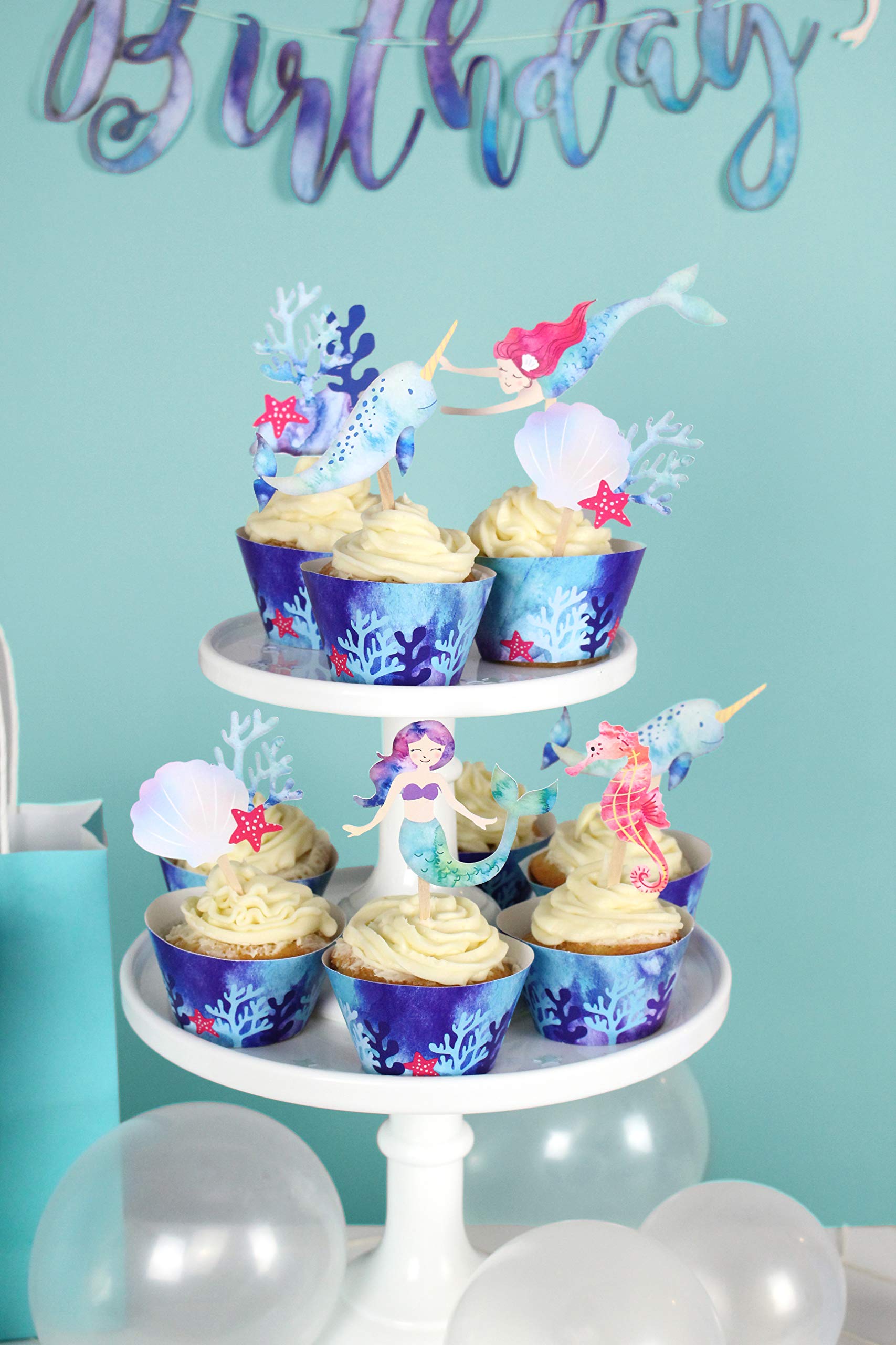 Mermaid and Narwhal Cupcake Toppers & Wrappers - 12 Count | Little Mermaid Birthday Party Supplies | Under The Sea Theme | Girls Mermaid Party Decor | Perfect for Birthday Cakes, Baby Showers & Ocean-Themed Events