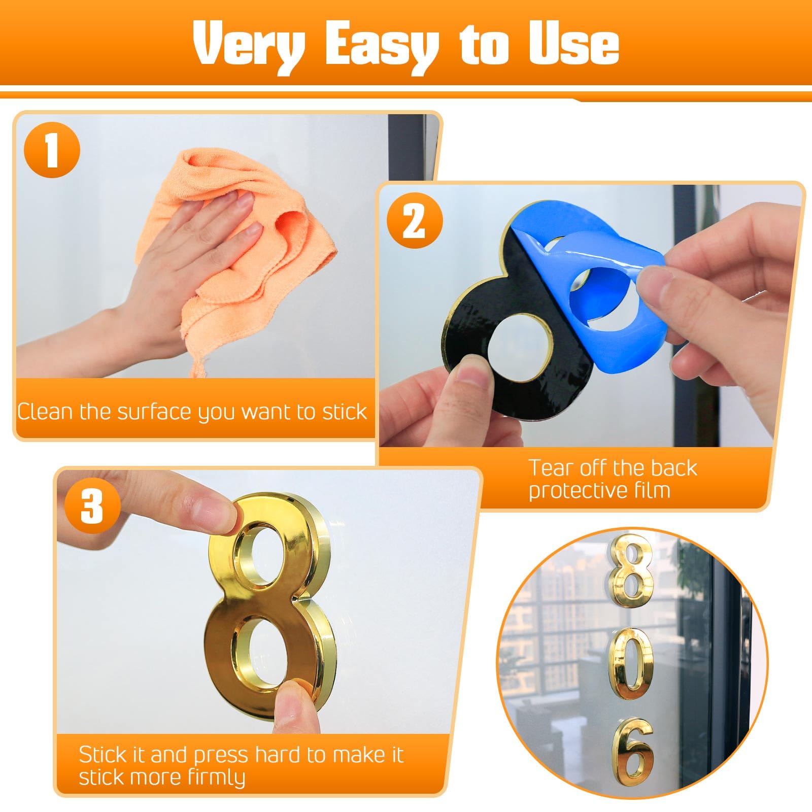 Ranslen 10-Piece 3-Inch Self-Adhesive House Numbers 0-9 - Gold Electroplated Plastic 3D Mailbox Address Stickers for Home, Apartment, Office & Hotel Room - Perfect for Mailbox, Door & Wall Numbering