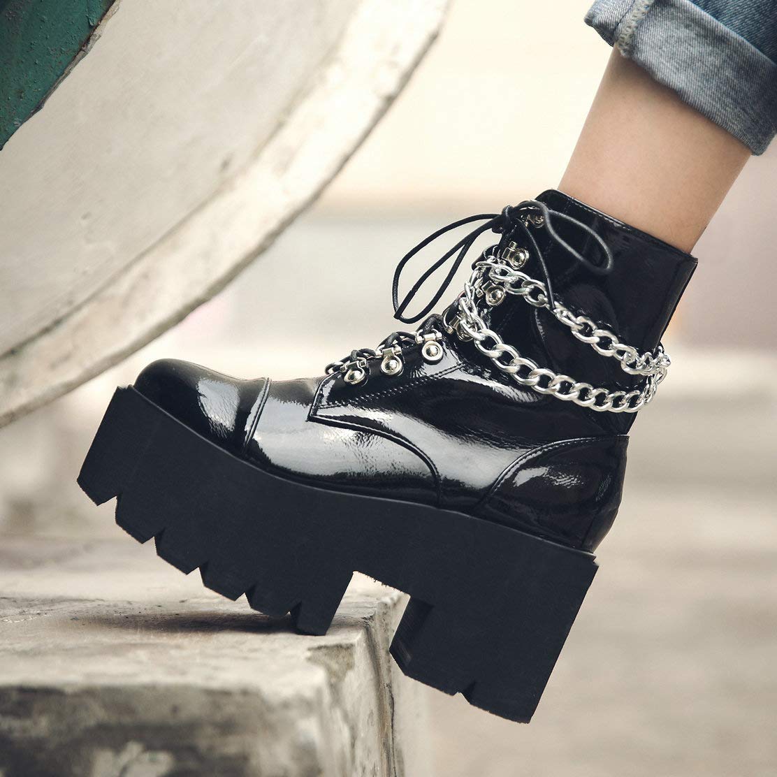 Caradise Women's Gothic Platform Combat Boots - Punk Chunky Heel Lace Up Ankle Booties for Casual Outfits & Streetwear Fashion