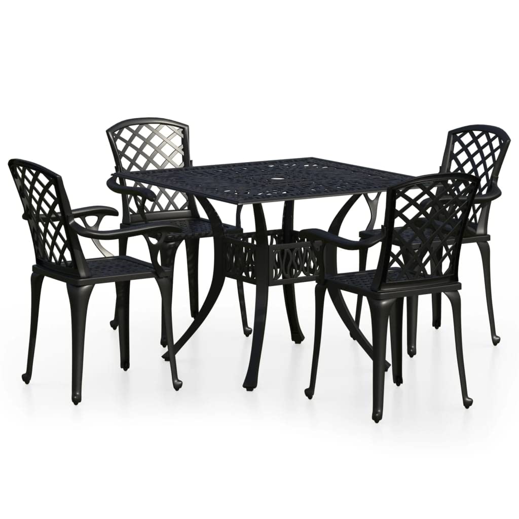 vidaXL 5-Piece Black Cast Aluminum Bistro Set - Weather-Resistant Patio Dining Table & 4 Chairs for Outdoor Garden, Balcony, or Poolside Use