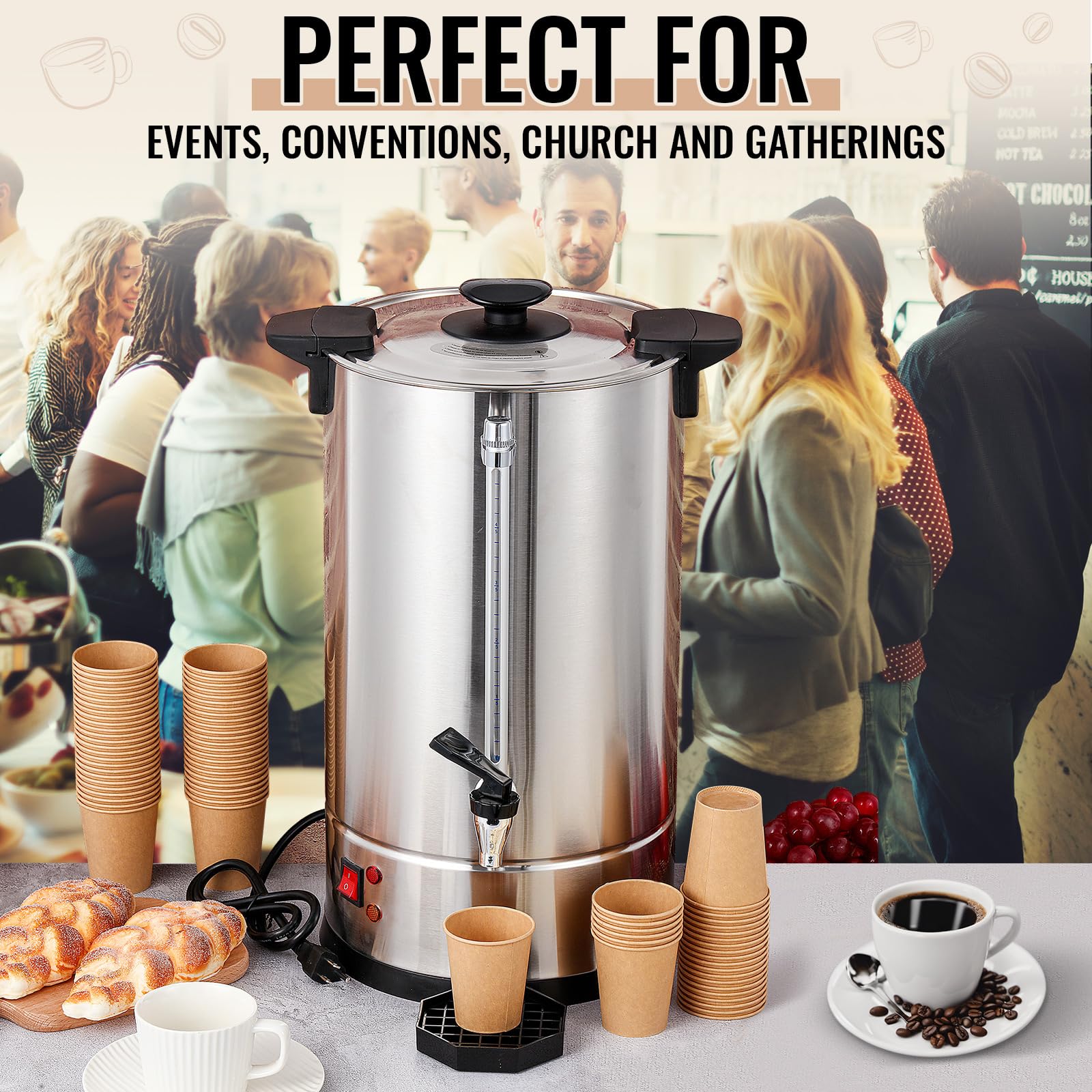 Commercial Coffee Maker 100 Cup Stainless Steel Electric Coffee Urn - 15L Large Capacity with 5oz Paper Cups & Drip Trays - Perfect for Catering, Restaurants, Home Parties & Office Events
