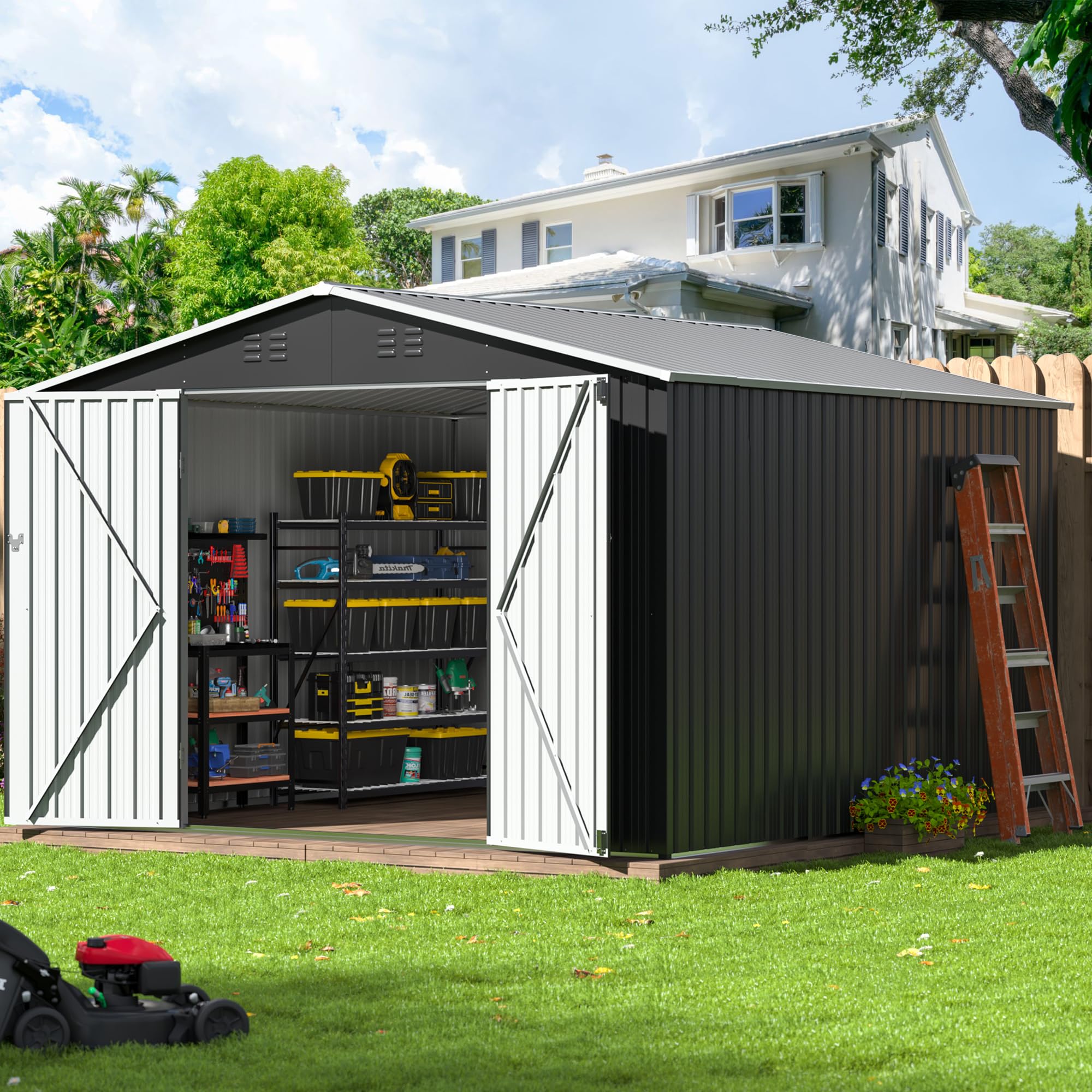 10x10 FT Outdoor Storage Shed - Heavy Duty Metal Garden Shed with Reinforced Frame & Lockable Doors - Waterproof Tool Shed for Backyard, Patio, Lawn Equipment (Grey) - Perfect for Storing Gardening Tools, Lawn Mowers & Outdoor Furniture