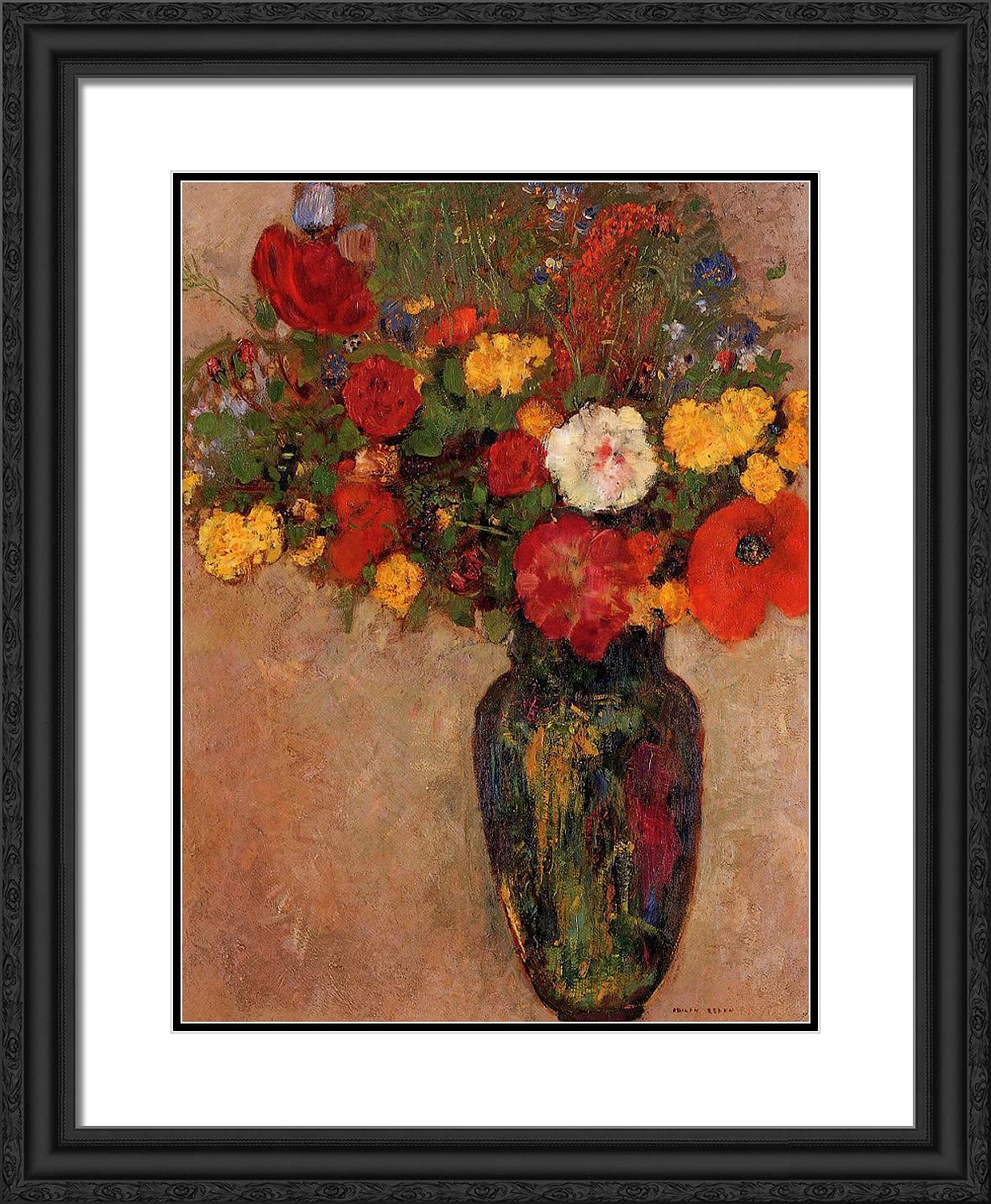 Odilon Redon 'A Vase of Flowers XIV' 20x24 Framed Art Print - Black Ornate Frame with Double Matting | Wall Decor for Living Room, Bedroom & Office