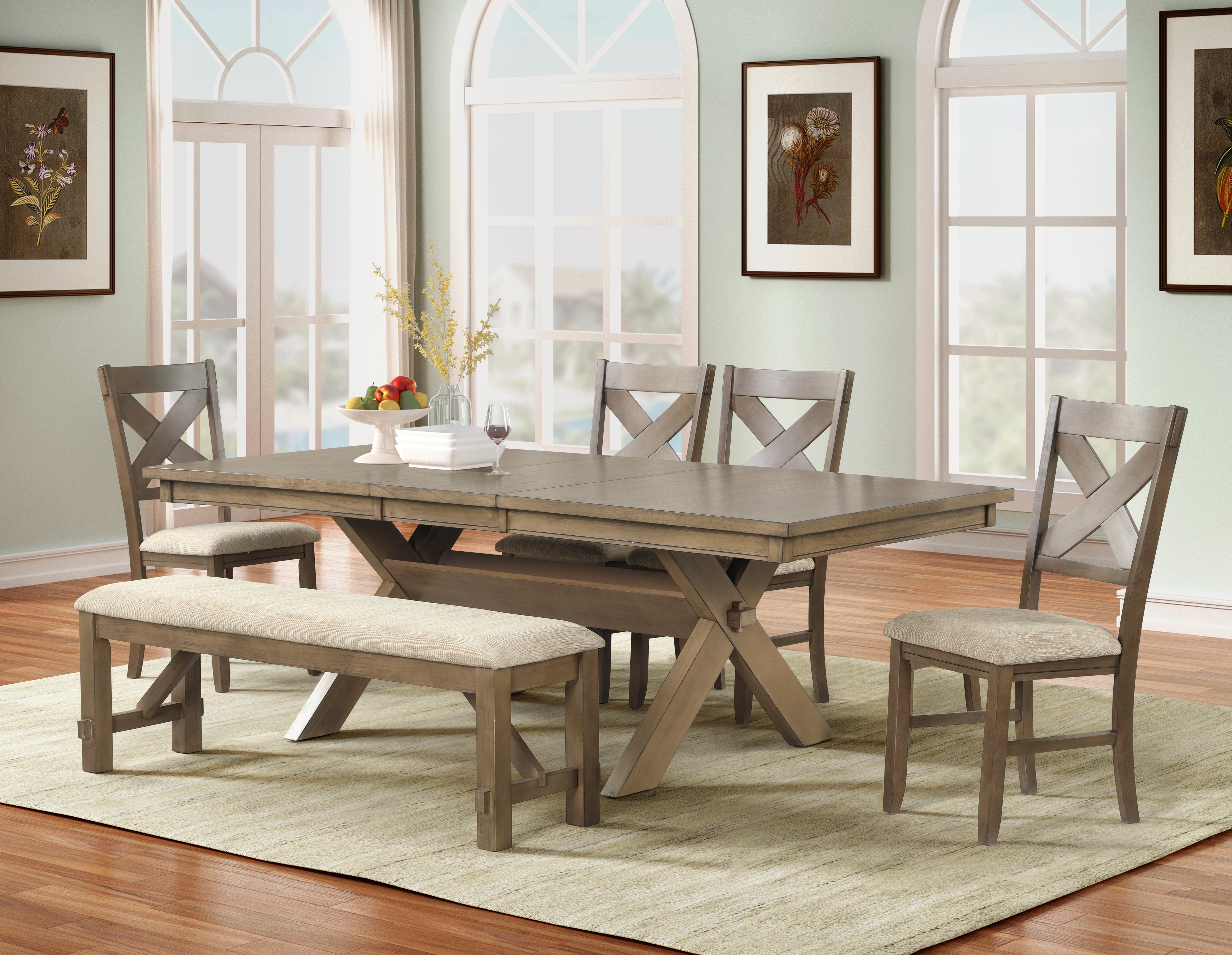 Raven Wood 6-Piece Extendable Trestle Dining Set with Table, 4 Chairs & Bench in Glazed Pine Brown - Perfect for Family Gatherings and Dinner Parties
