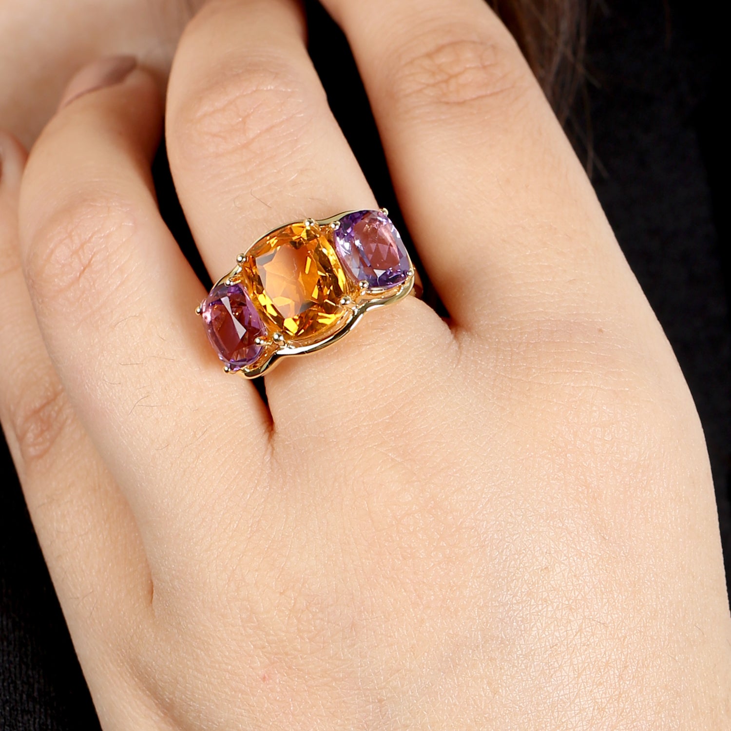 Stunning Citrine Cushion Cut Amethyst Three Stone Ring in 14K Yellow Gold | Elegant Jewelry for Women, Perfect for Engagement, Anniversary & Special Occasions