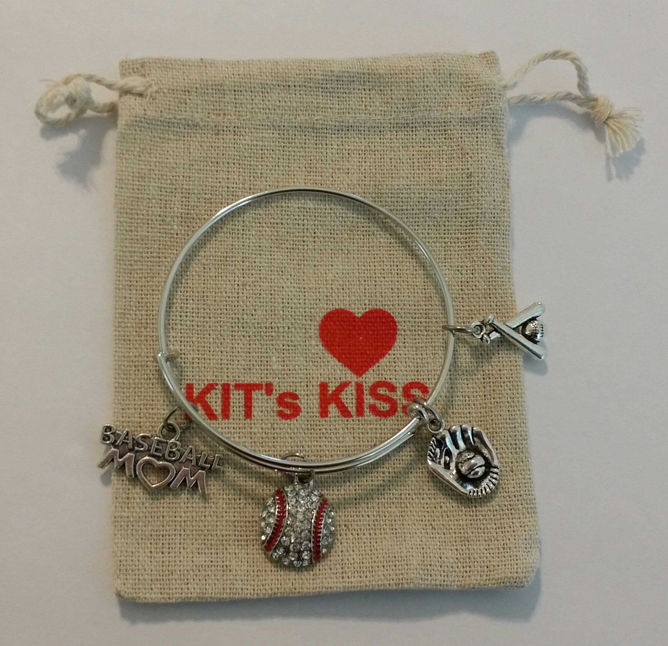 Kit's Kiss Baseball Bracelet - Stylish Baseball Jewelry for Women & Moms - Baseball Charm Bracelet with Bats & Gloves - Handmade Wire Bangle for Sports Fans (Perfect for Games, Gifts & Team Spirit)