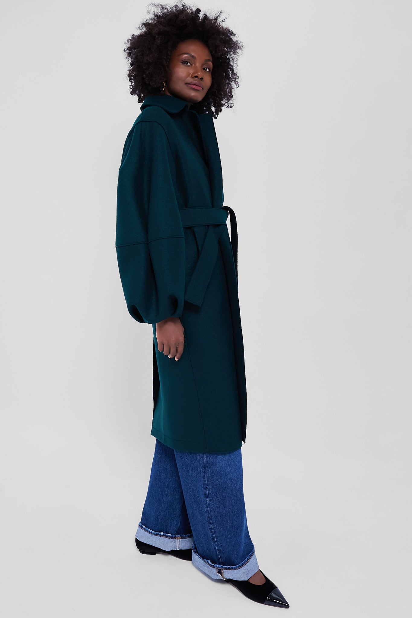 Elegant Bottle Green Puffed Sleeve Wool Coat for Women - Winter Fashion Outerwear for Office, Dating & Special Occasions