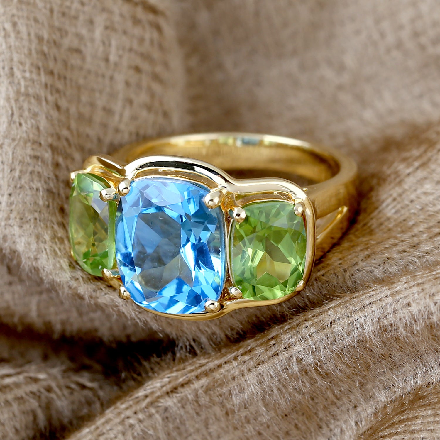 Blue Topaz Cushion Cut Peridot Gemstone Three Stone Ring in 14K Yellow Gold - Elegant Birthstone Jewelry for Women, Perfect for Anniversary Gifts & Special Occasions