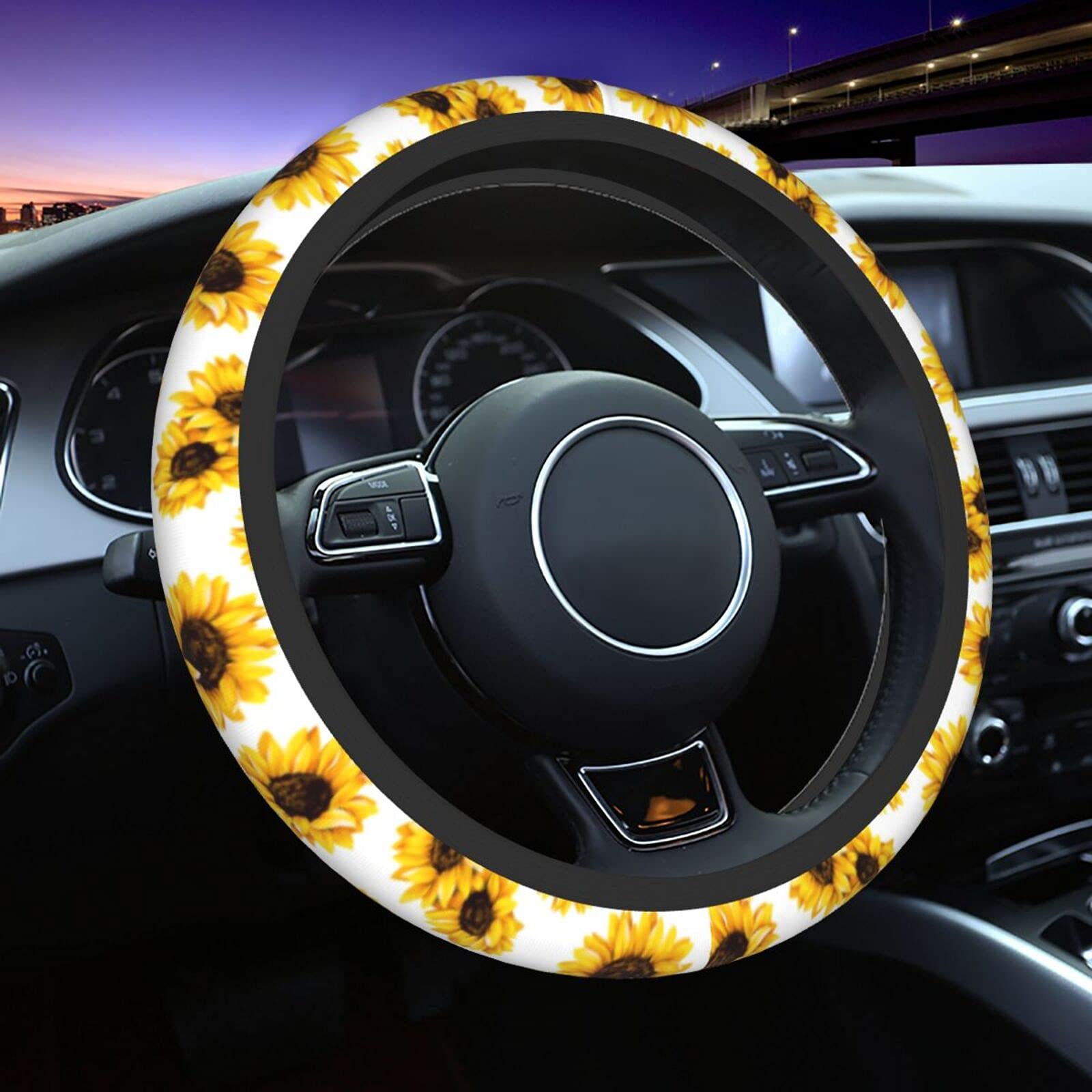 Sunflower Steering Wheel Cover for Cars - Universal 15 Inch Sunflower Car Steering Wheel Protector for Women, Men & Teens - Perfect for Summer Driving, Road Trips & Sun Protection