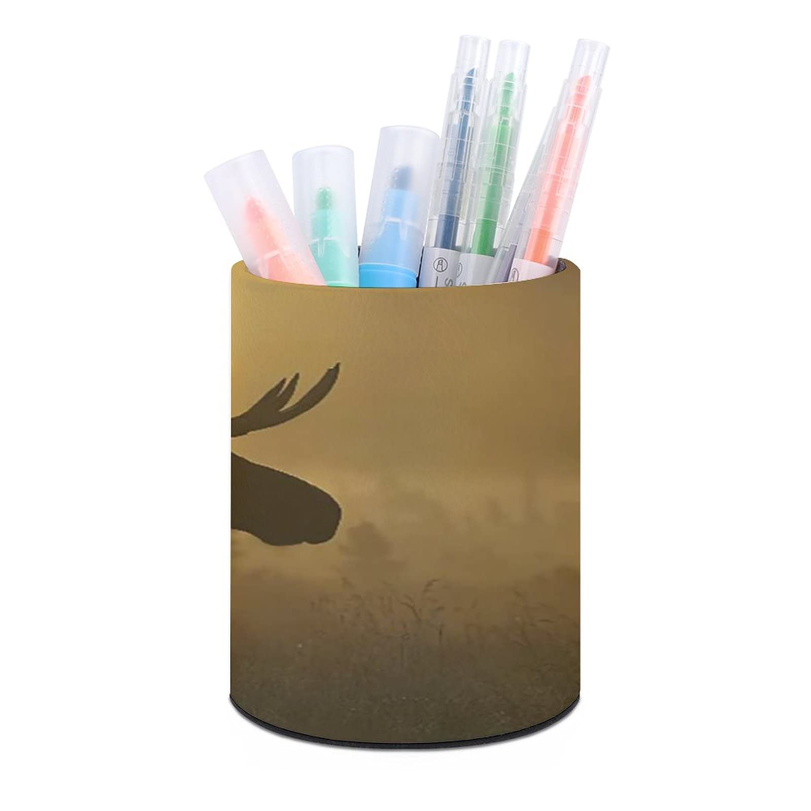 Premium Leather Round Office Pencil Pen Holder - Antler-Inspired Moose & Deer Design Desktop Organizer - White Style Storage Box for Home, Office & Bedroom | Perfect for Organizing Stationery, Makeup Brushes & Desk Accessories
