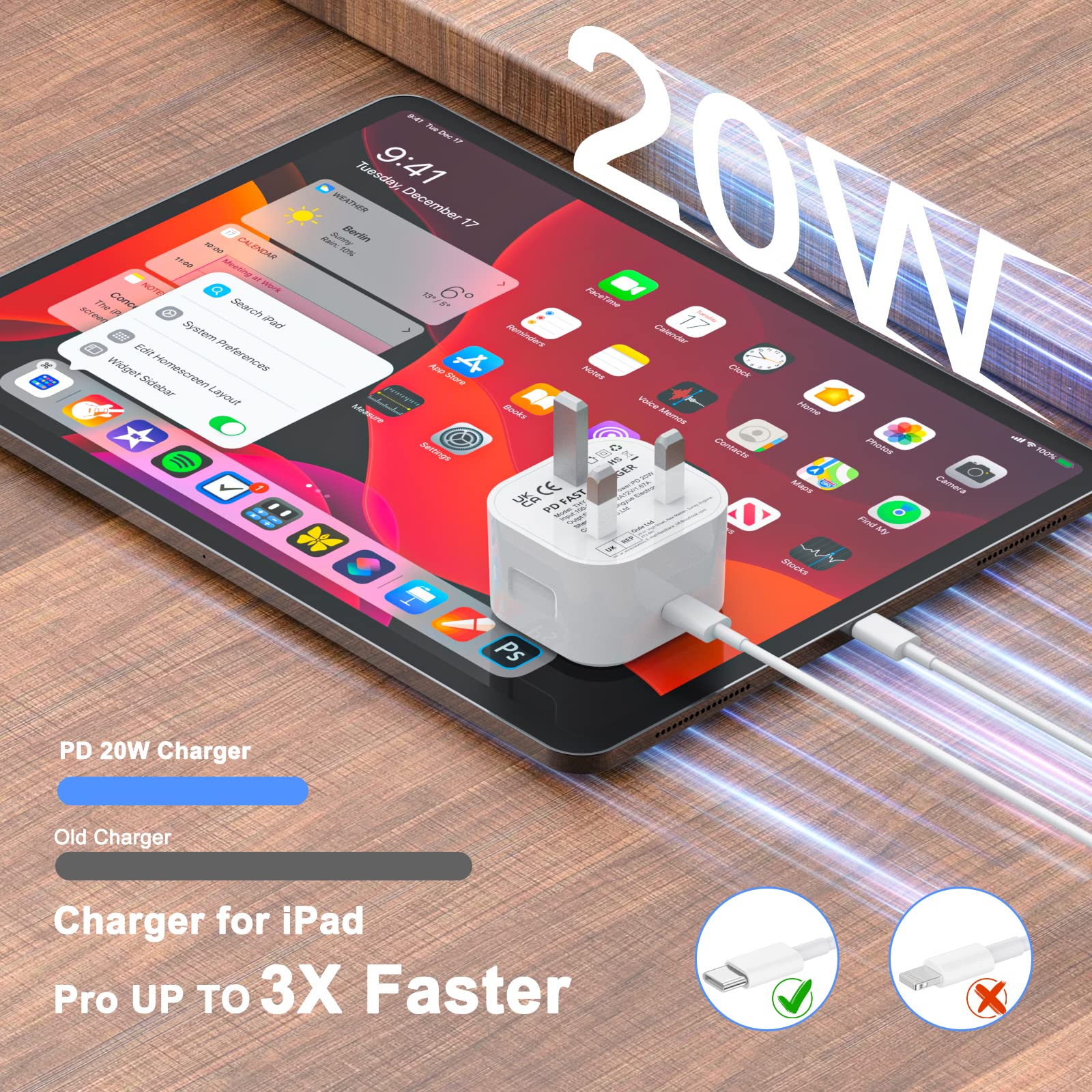 BIHPJD 20W USB C Fast Charger with 2M Cable - PD 3.0 Type C Wall Charger UK Power Adapter - Compatible with iPhone 14/13/12/11, iPad Pro/Air/Mini, Samsung Galaxy S22/S21/A52, Google Pixel 6/5/4/3 - Perfect for Home, Office & Travel Fast Charging