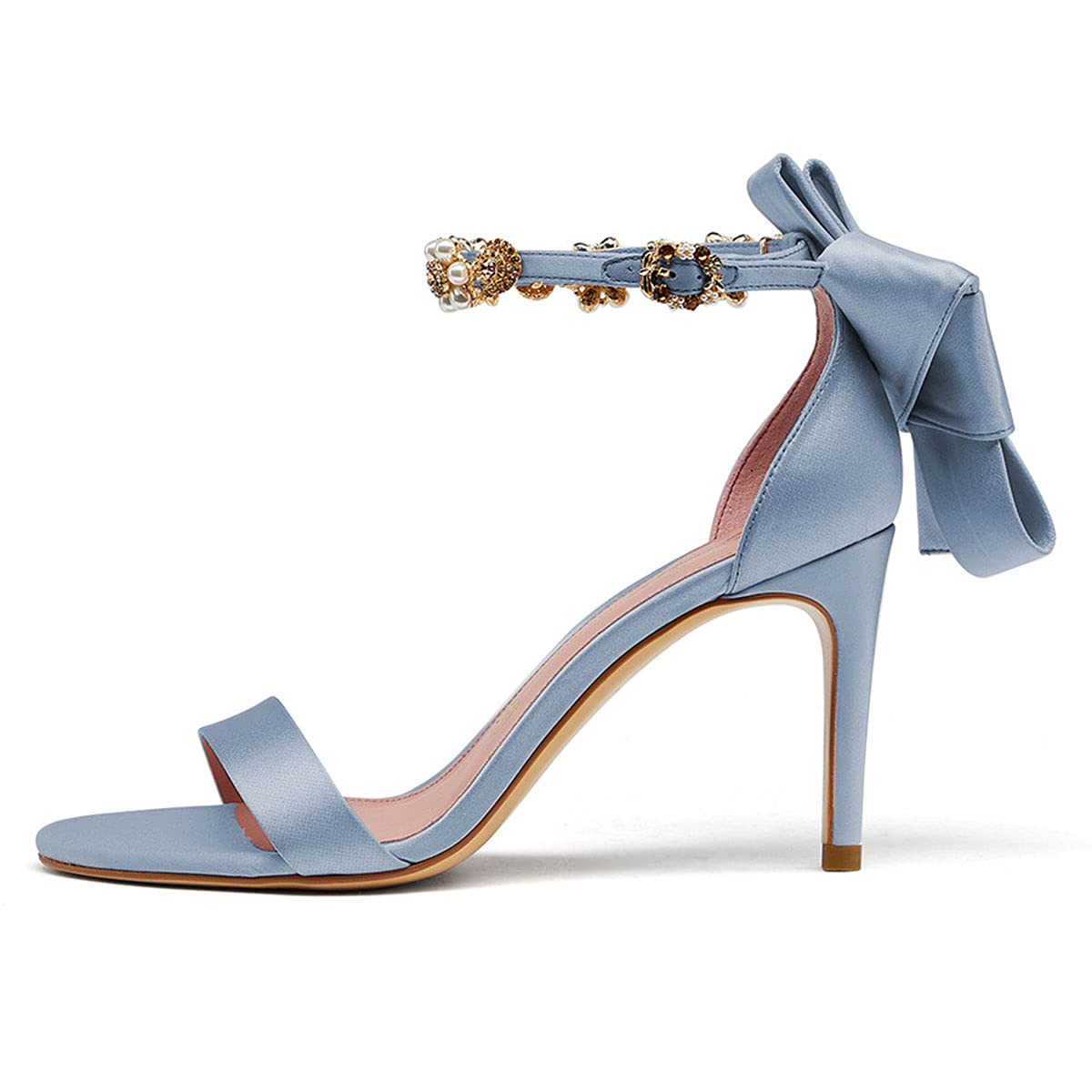 FSJ Women's Crystal Rhinestone Stiletto Heel Sandals - Open Toe Ankle Strap Wedding Shoes with Adjustable Buckle & Pearl Flower Bow for Bridal, Prom, Evening Party Dress | Perfect for Weddings, Dances, Formal Events