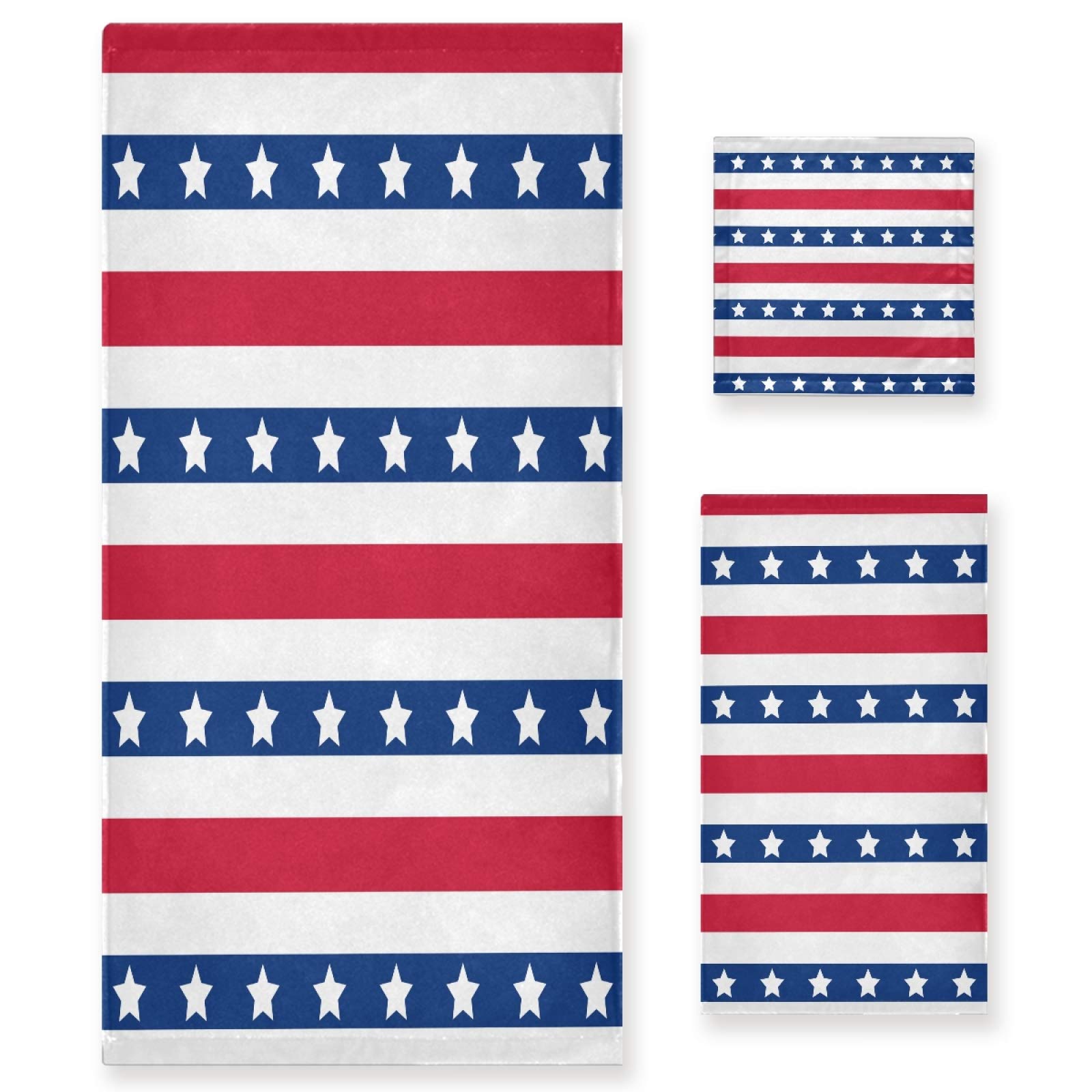 American Patriotic Stars and Stripes Bathroom Towel Set - 3 Piece Soft Quick-Drying Cotton Towels (Bath Towel, Hand Towel, Washcloth) for Guest Bathroom, Home Decor & 4th of July Celebrations