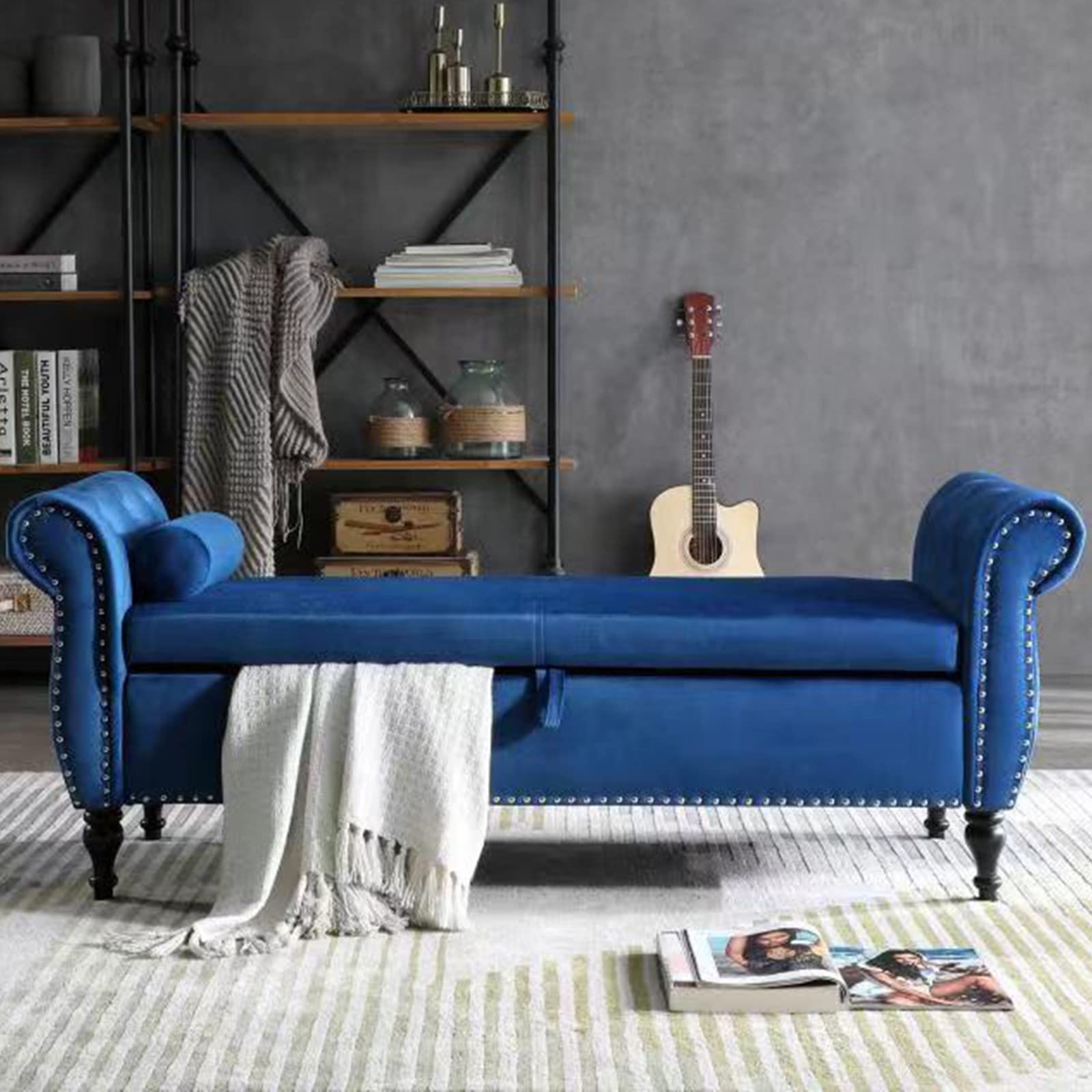 Polibi Velvet Upholstered Storage Bench with Tufted Design - Long Bedroom Ottoman for Bed, Window Seat & Living Room - Blue Velvet Storage Ottoman for Home Organization & Extra Seating