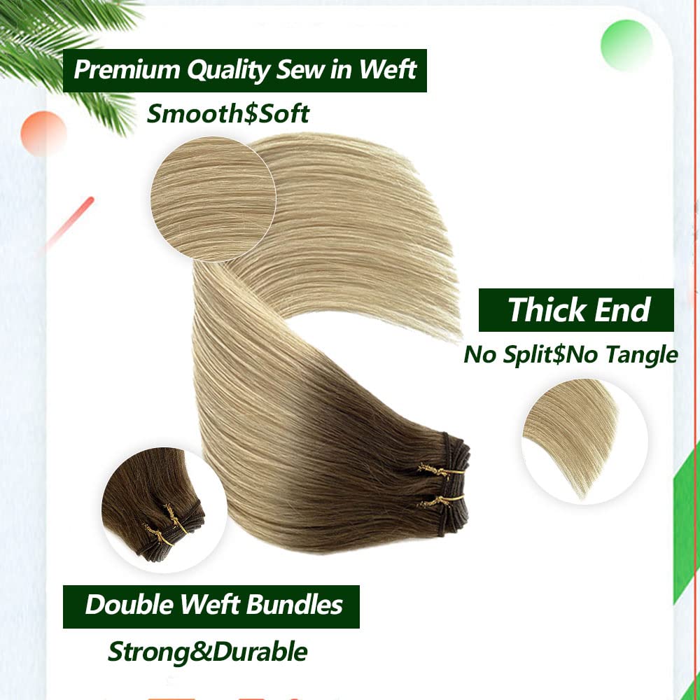 Ombre Sew in Hair Extensions 12inch 80g - Ash Brown to Platinum Blonde Highlights, 100% Real Human Remy Hair Weft Bundles for Natural Look | Perfect for Daily Wear, Parties & Special Occasions