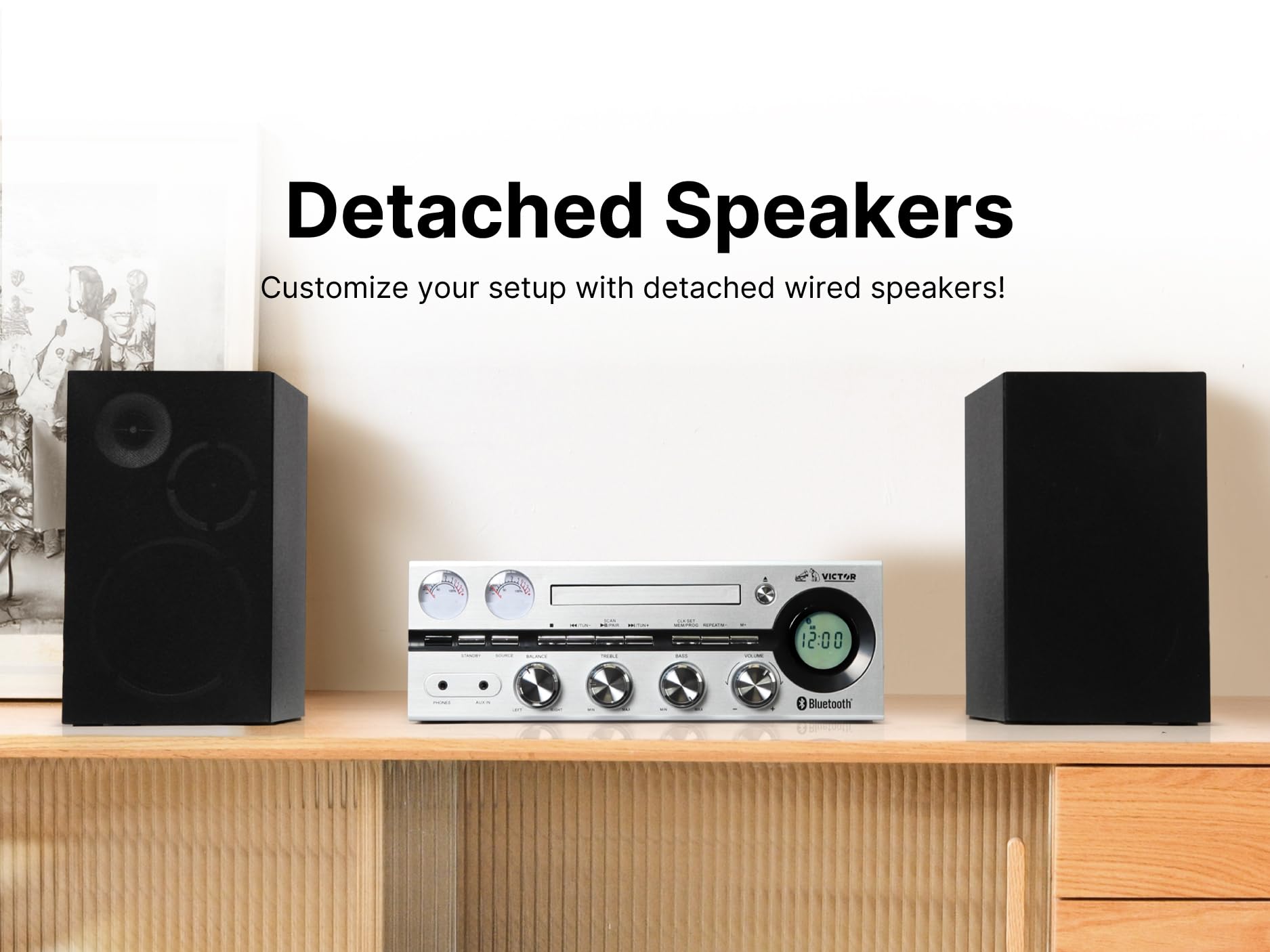Victor VDTS-4400 Milwaukee 50W Bluetooth Stereo System with CD/MP3 Player, FM Radio, VU Meters & Detachable Speakers - Premium Home & Office Audio for Music Lovers & Workspaces