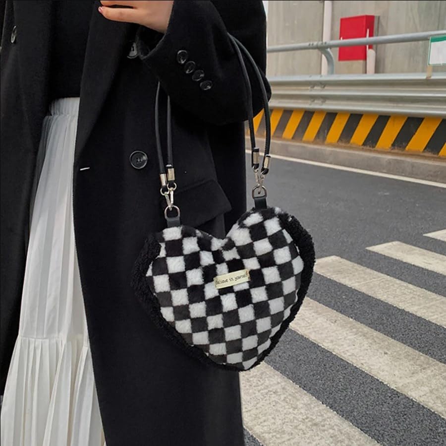 LUOZZY Lattice Pattern Plush Tote Bag - Fashionable Women's Shoulder Bag & Crossbody Purse in Black & White Checkered Print | Perfect for Work, Shopping & Travel Accessories