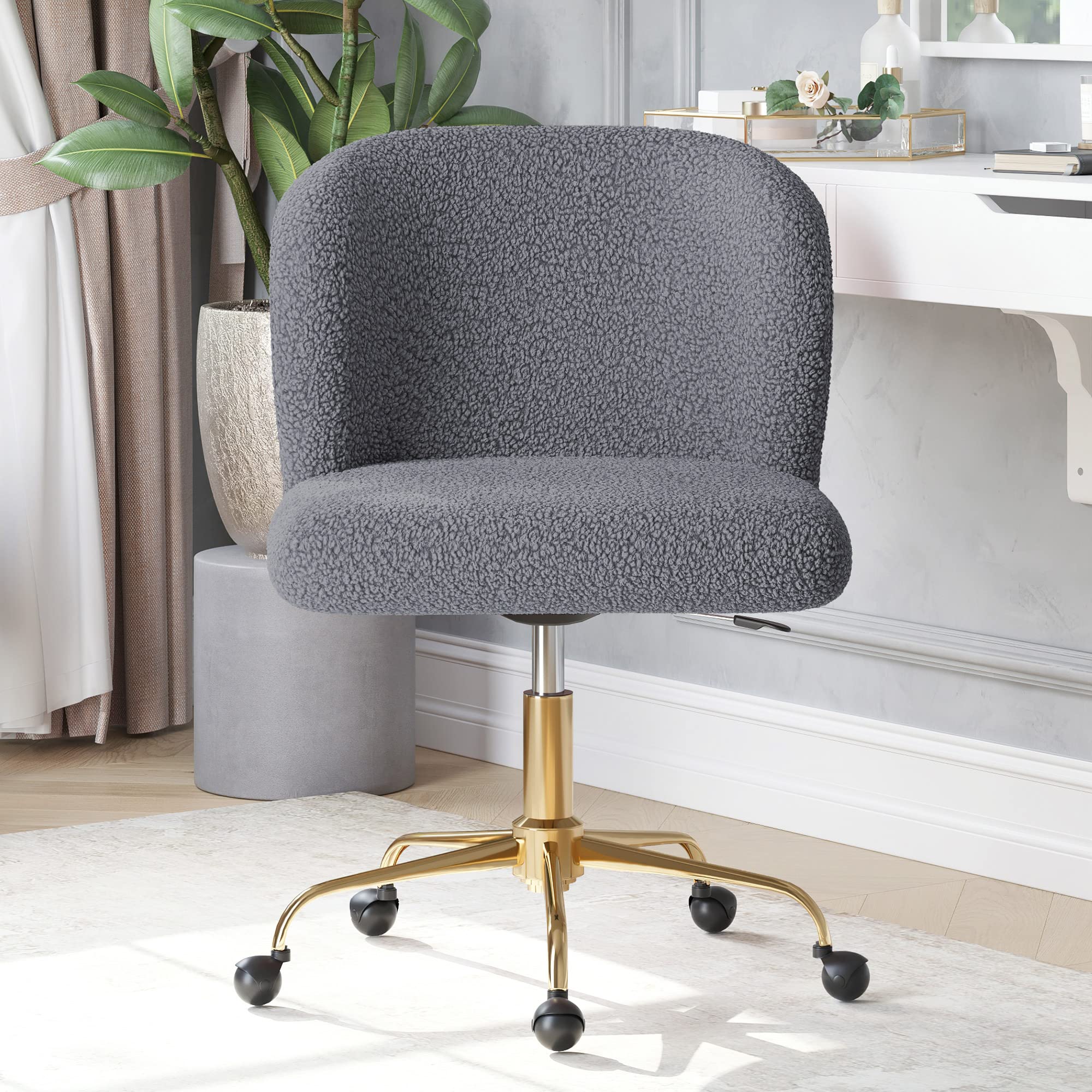 BELLEZE Modern Upholstered Boucle Swivel Office Chair with Adjustable Height, Rolling Wheels - Stylish Comfy Desk Chair for Home Office, Vanity or Study Room (Gold & Gray) - Perfect for Work, Gaming & Makeup Station