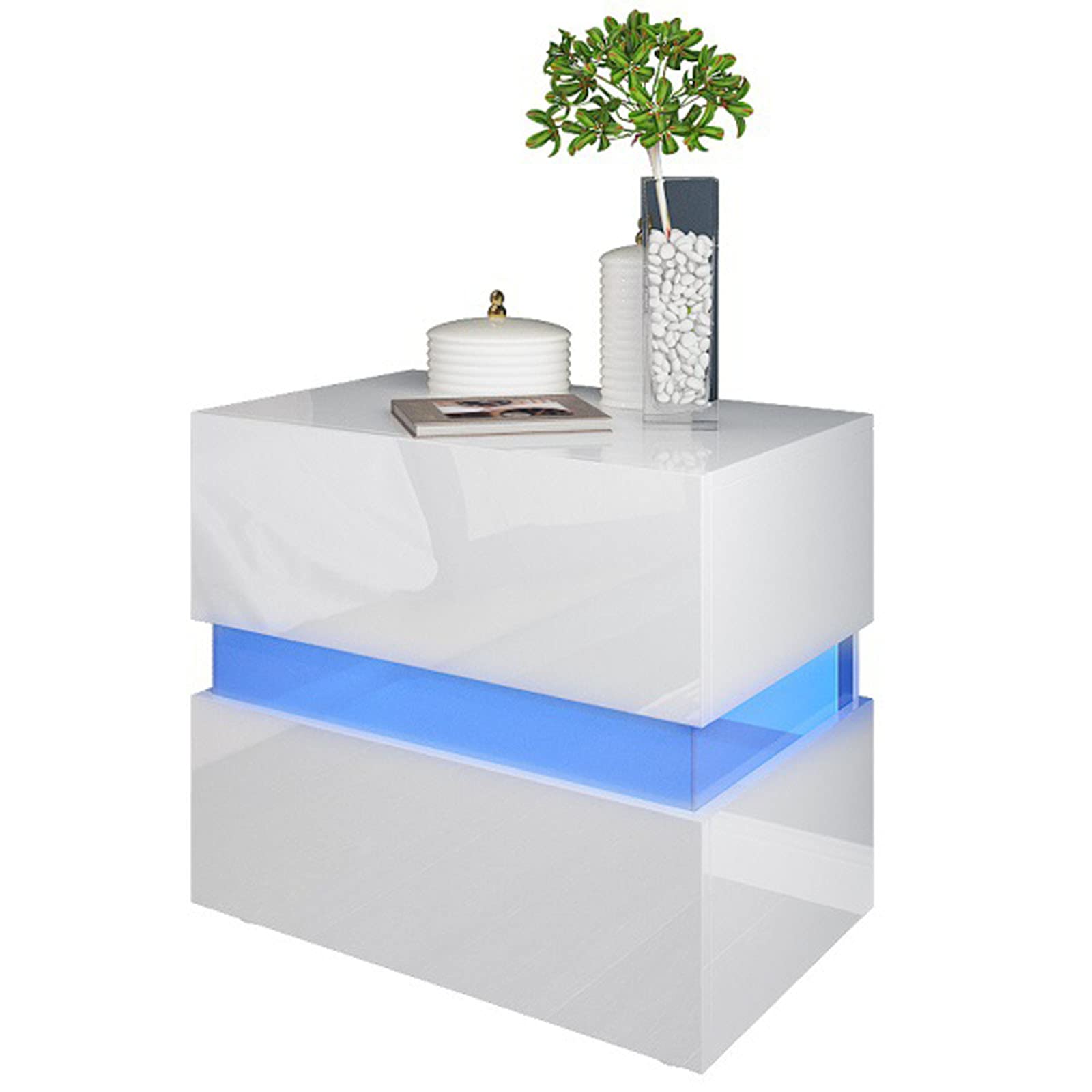 Modern White High Gloss LED Nightstand with 2 Drawers - Bedside End Table with Soft Lighting for Bedroom - Contemporary Glossy Night Stand Cabinet (White, 1pc) - Perfect for Small Spaces, Apartments & Guest Rooms