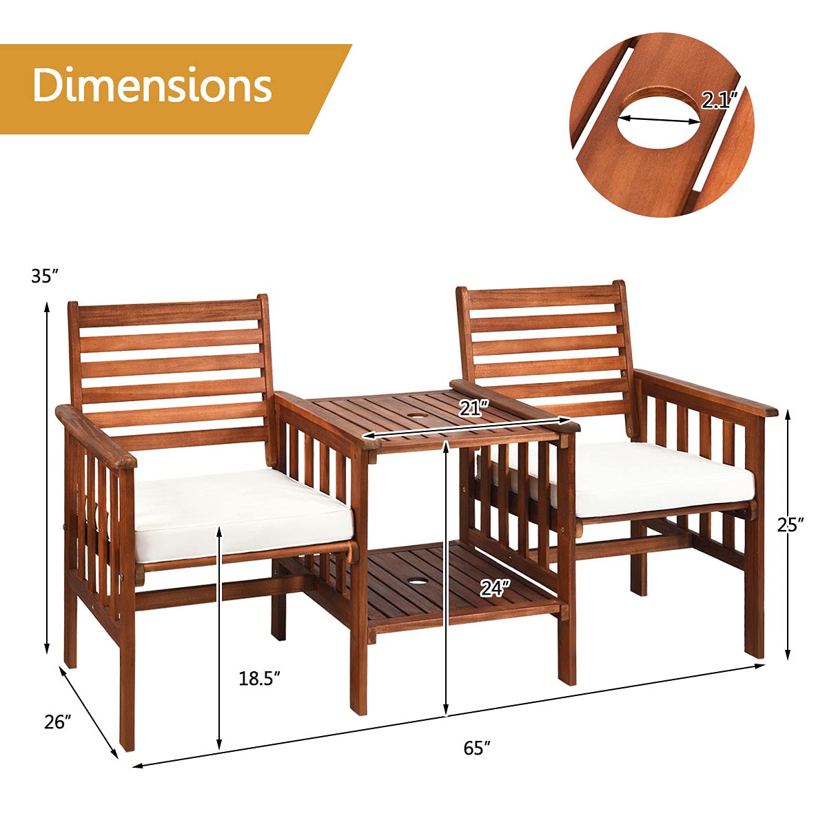 Acacia Wood Loveseat with Table - Patio Bistro Set with Cushions, 2.1-inch Umbrella Hole - Outdoor Garden & Balcony Furniture for Relaxing & Entertaining