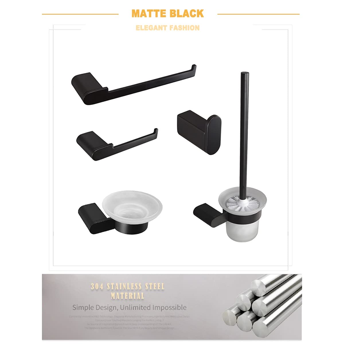 Premium Matte Black Bathroom Hardware Set - 5 Piece Towel Hanger, Stainless Steel Towel Ring, Soap Dish, Toilet Paper Holder & Brush Holder | Modern Bathroom Accessories for Home & Hotel Decor