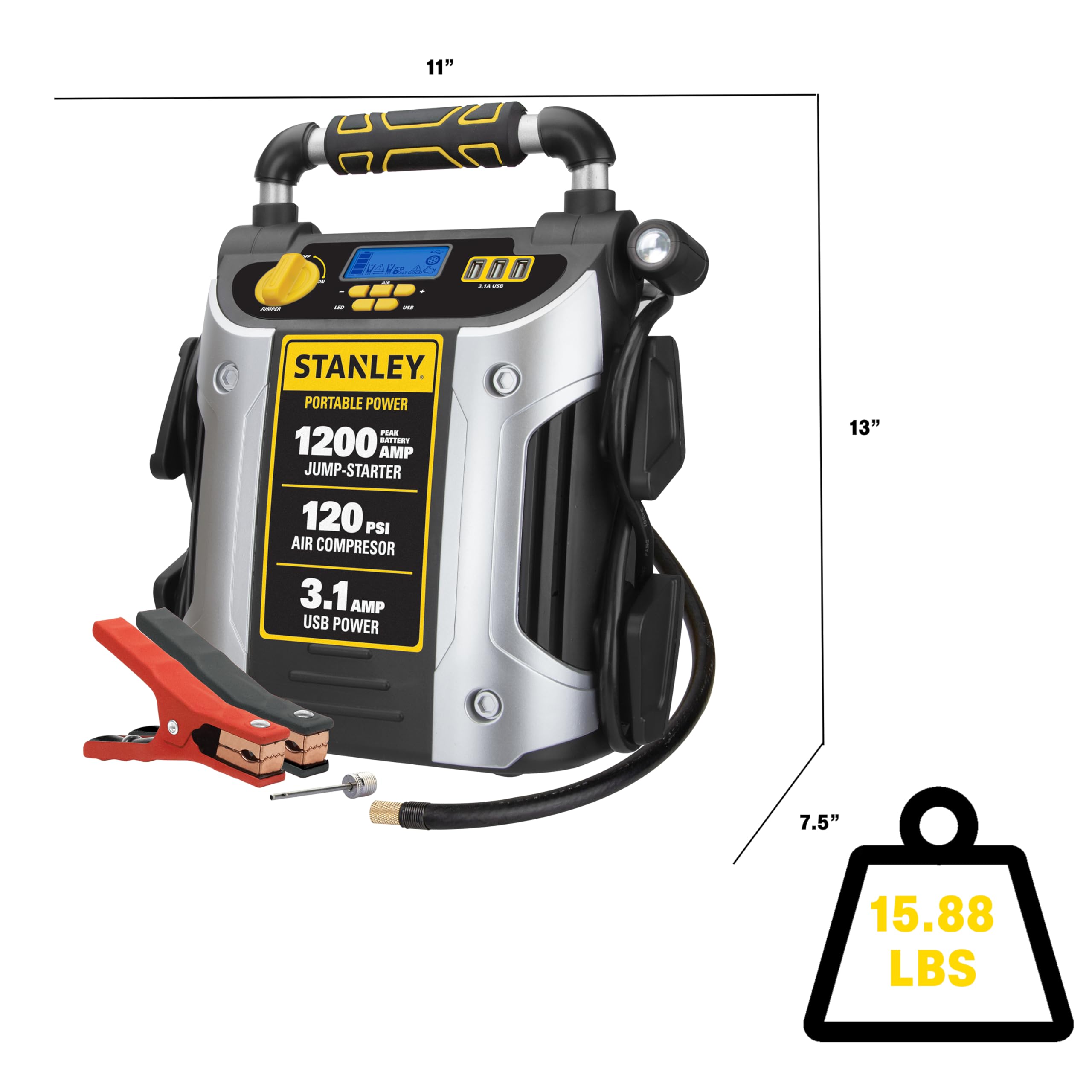 Stanley J5C09D 1200 Peak Amp Portable Car Jump Starter with 2.1A USB Port & 120 PSI Air Compressor – Emergency Vehicle Battery Booster for Cars, Trucks, SUVs – Perfect for Roadside Assistance and Outdoor Adventures