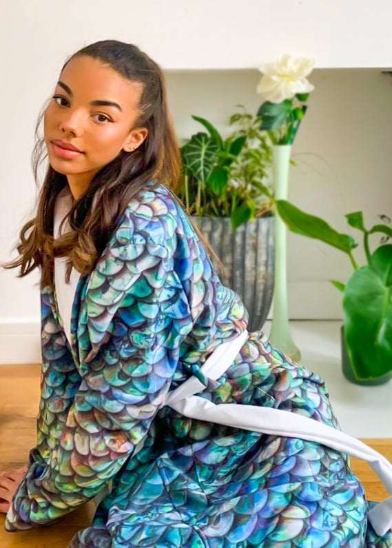 Luxury Terry Abalone Mermaid Scale Bathrobe by Cape Cali - Soft Plush Kimono Robe for Women, Spa, Beach Cover Up & Loungewear