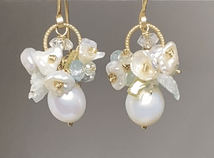 Baroque Pearl Earrings with Aquamarine, Peridot & Herkimer Diamond Quartz Clusters | Elegant Vintage Jewelry for Weddings, Parties & Special Occasions