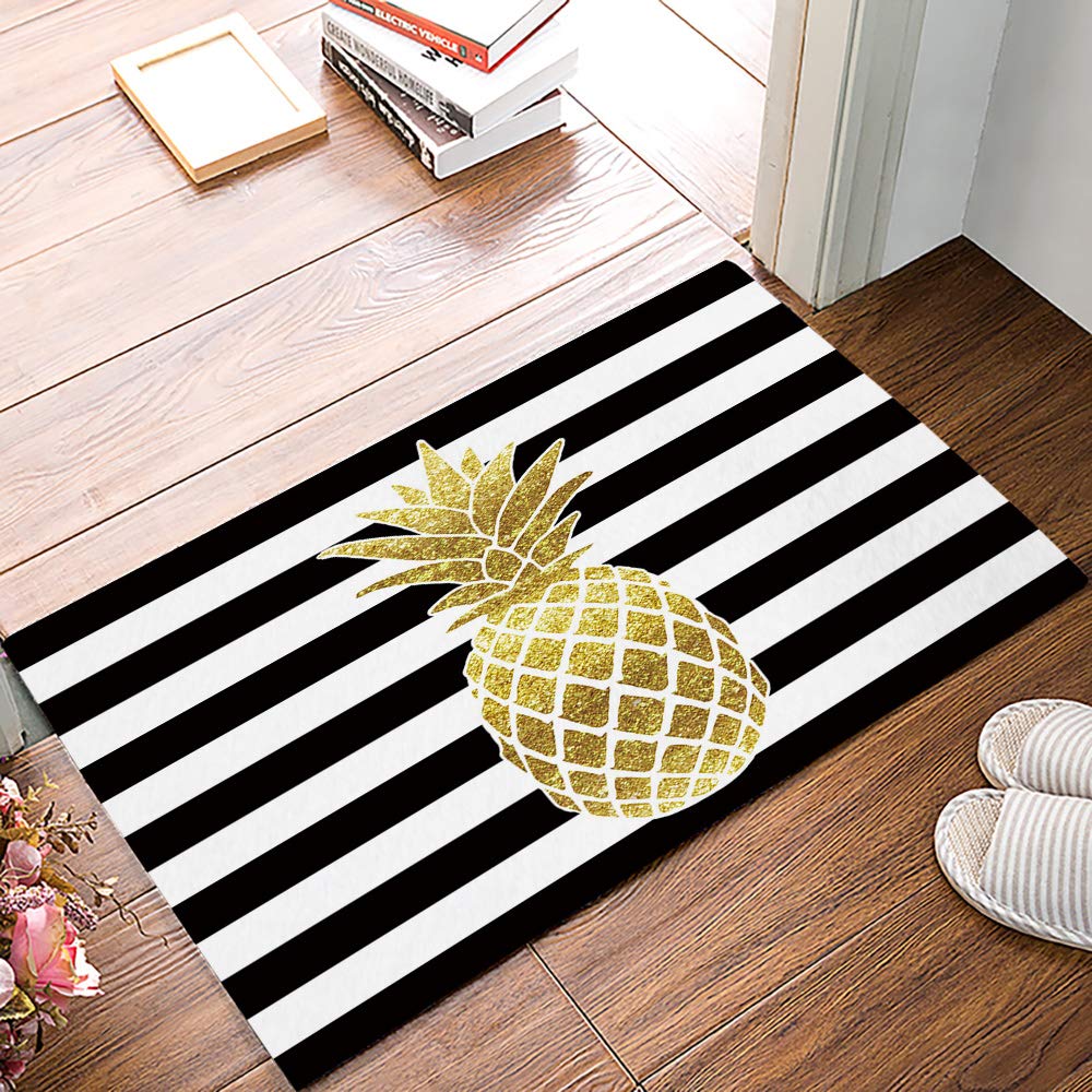 Non-Slip Black Striped Floor Mats 18x30 Inch - Gold Pineapple Design Low Profile Indoor Welcome Mats for Bedroom, Bathroom & Living Room | Home Decor & Safety