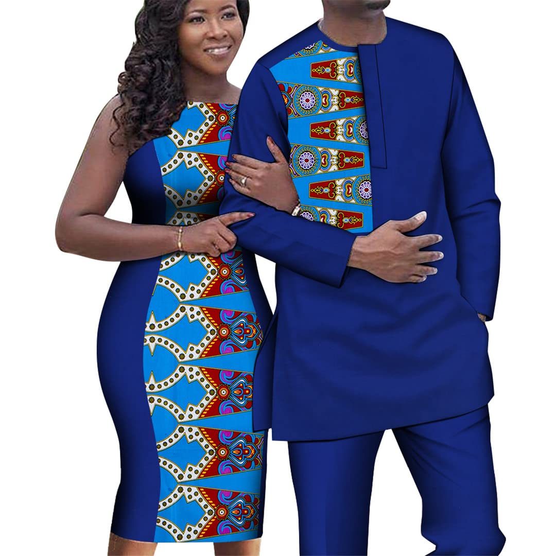 African Couple Outfits - Women's Sleeveless Slim Fit Dress & Men's Dashiki Shirt & Pants Set - 5XL (XXXL) - Perfect for Weddings, Anniversaries & Cultural Celebrations