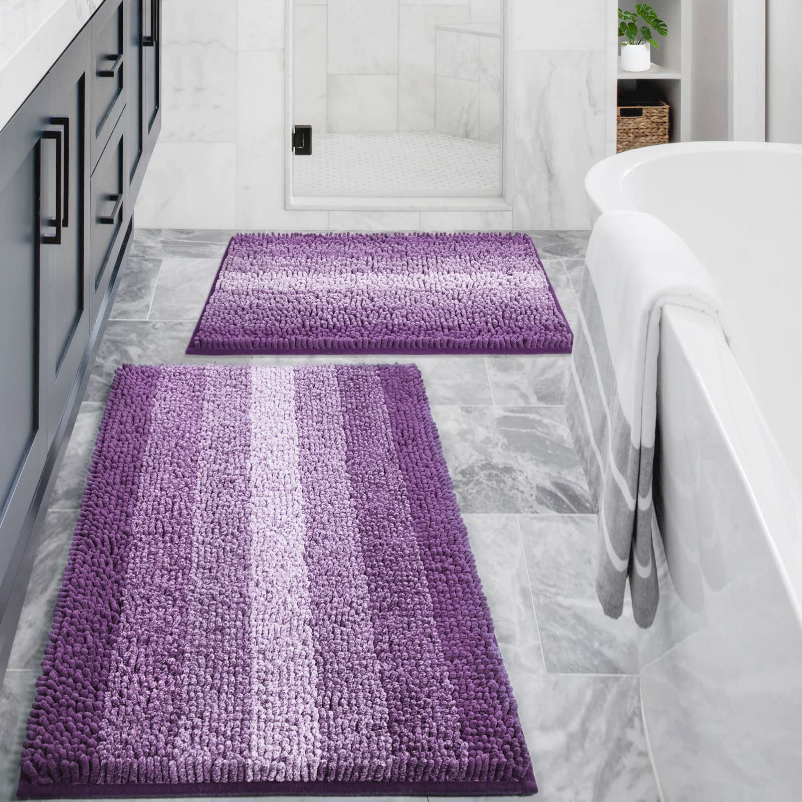 Premium Non-Slip Chenille Bathroom Rug Set - 2 Piece Absorbent Shower Mat & Bath Floor Mat, Quick Dry Bathroom Decor for Tub (16