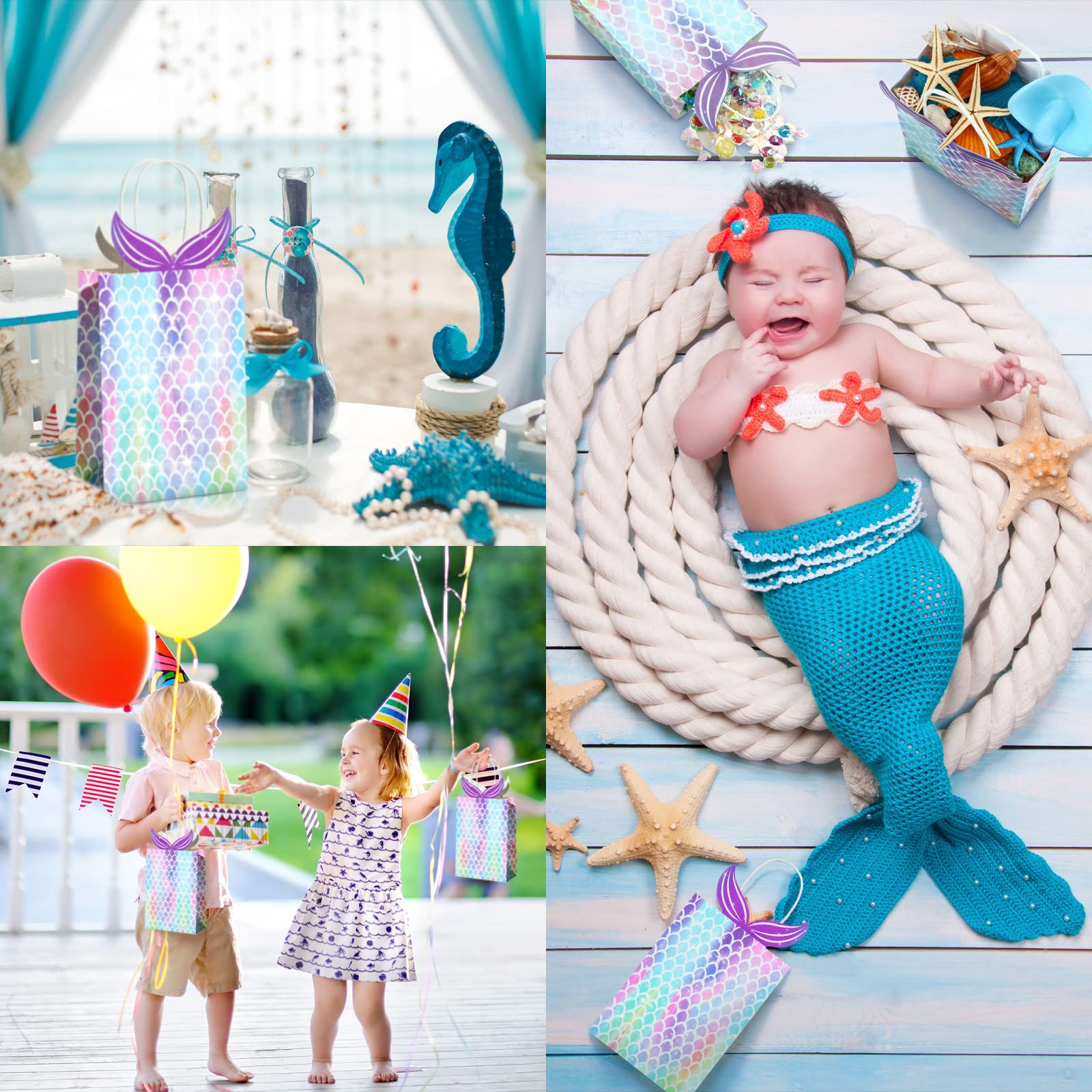 Mermaid Gift Bags with Handles - 10 Pack Party Favors for Girls Birthday, Baby Shower & Candy Treats | Durable Mermaid-Themed Goodie Bags for Party Decorations & Favor Distribution