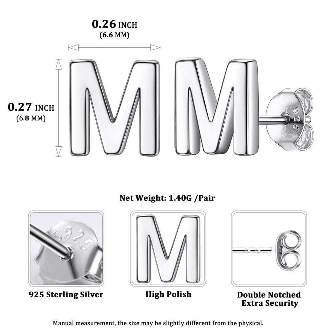 Hypoallergenic 925 Sterling Silver Initial Letter Stud Earrings A-Z for Women with Sensitive Ears | Tiny Simple Elegant Jewelry Gift (with Gift Box) | Perfect for Everyday Wear, Gifts & Special Occasions