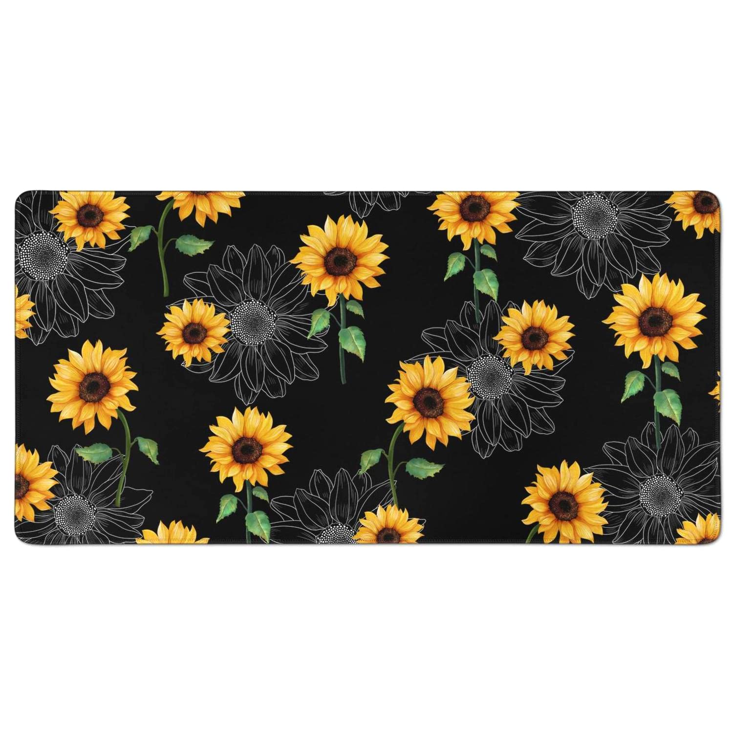 Black Sunflower Mouse Pad XL, XXL, Large Marble Design - 31.5x15.7in Non-Slip Rubber Base with Stitched Edges, Waterproof Desk Mat for Gaming, Office Work & Home Use - Perfect for PC, Laptop & Computer Setup