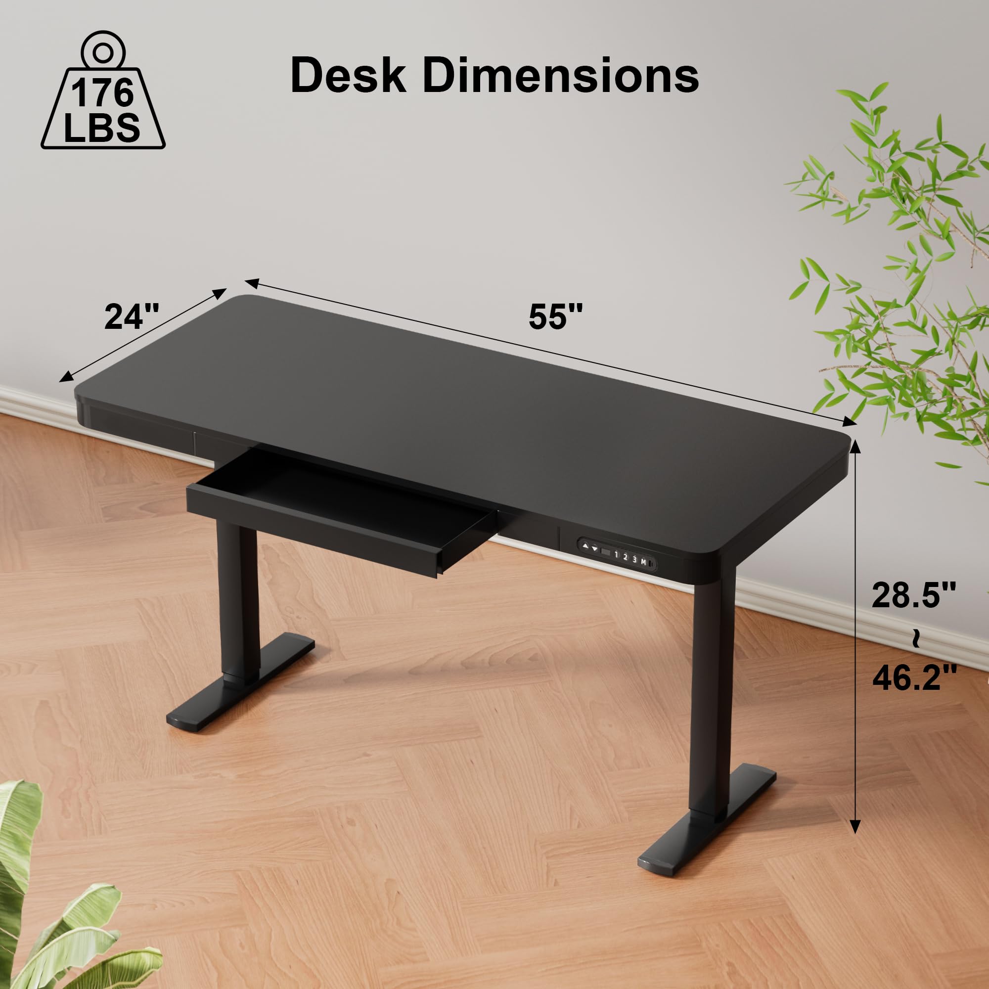 Furmax 55 x 24 Inch Electric Standing Desk with Drawer - Adjustable Height Home Office Computer Desk with USB Ports, Black - Perfect for Remote Work & Ergonomic Workspace Setup