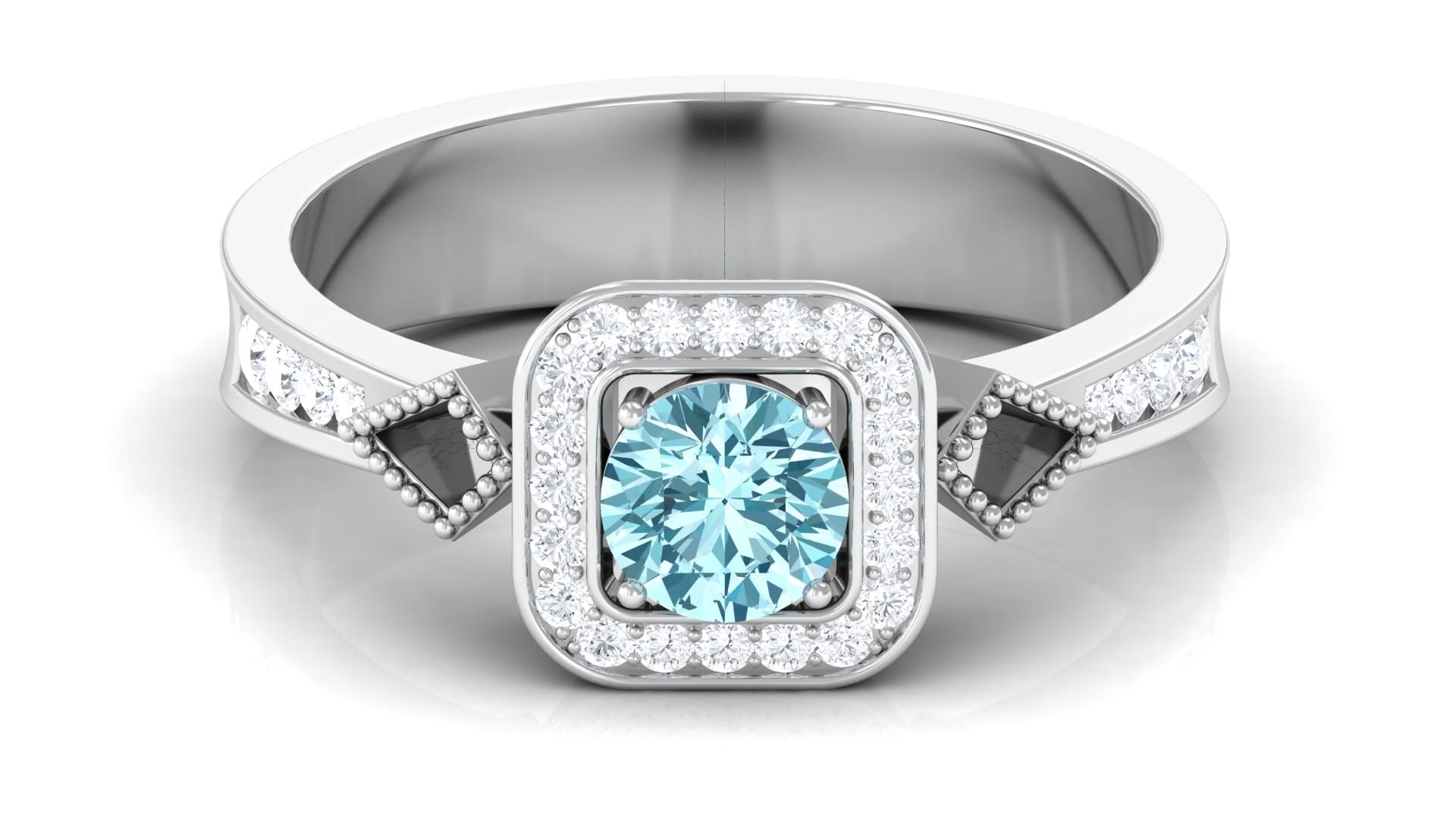 1 CT Aquamarine and Diamond Engagement Ring in 14K Solid Gold - Vintage Style Beaded Wedding Band for Brides, Anniversary Gifts & Special Occasions