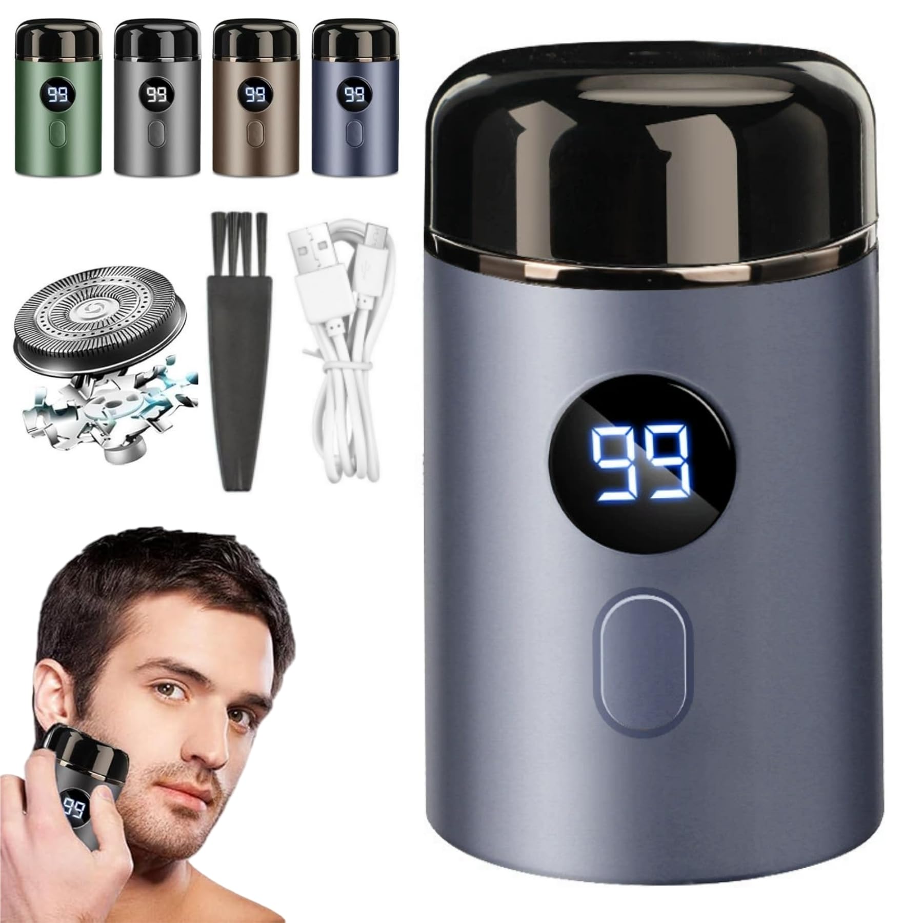 Mini Portable Electric Razor for Men - IPX7 Waterproof USB Rechargeable Shaver with Digital Display | Pocket Beard Trimmer for Travel, Office & Car | Compact Size 1.57×1.57×2.75in (Blue) | Perfect for Business Trips, Gym & Daily Grooming