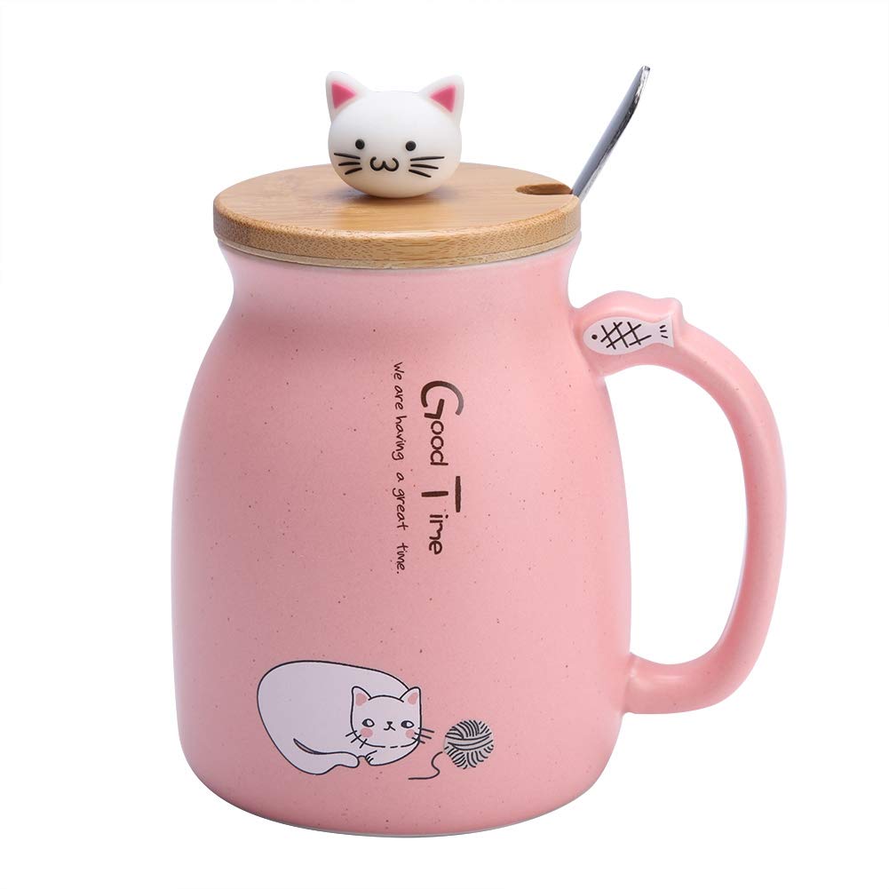 420ml Cat Pattern Ceramic Coffee Mug with Lid & Spoon - Reusable Pink Tea Cup for Coffee, Milk Tea, Water - Perfect for Home, Office, Gifts & Cafes