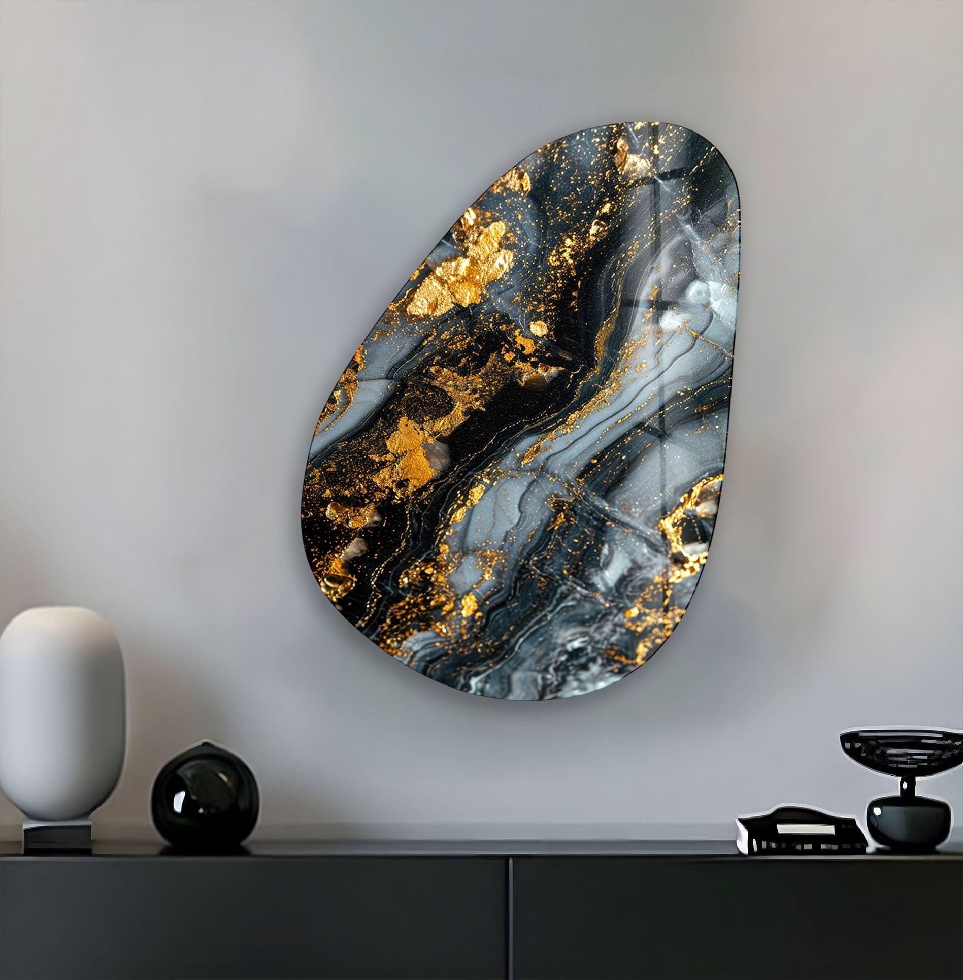 Modern Asymmetrical Oval Glass Wall Art with Black & Gold Accents - Elegant Home Decor for Living Room, Bedroom, or Office