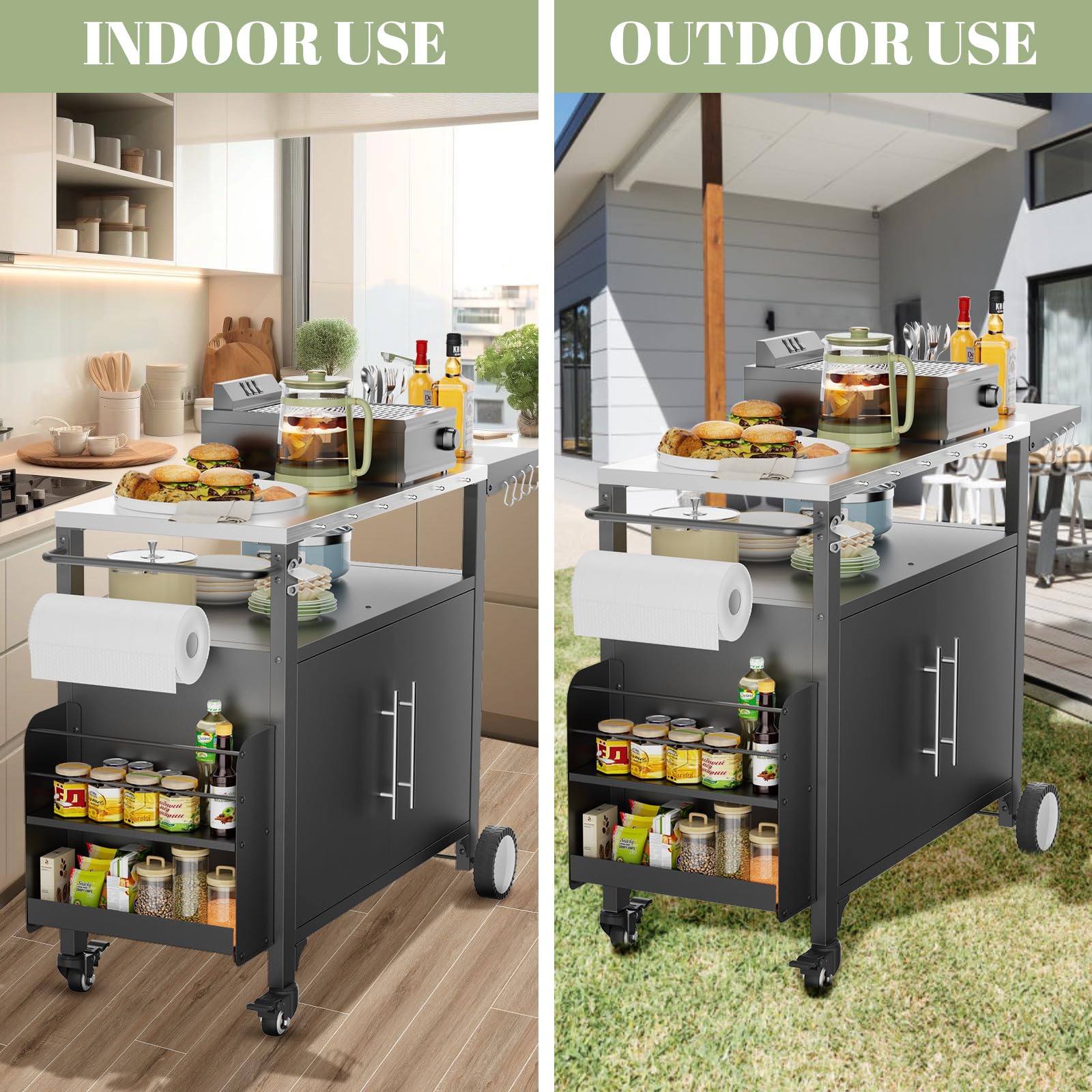 **Portable Outdoor Grill Cart with Storage - Waterproof BBQ Serving Table with Hooks & Spice Rack - Ideal for Backyard Parties, Home Gatherings & Patio Cooking**